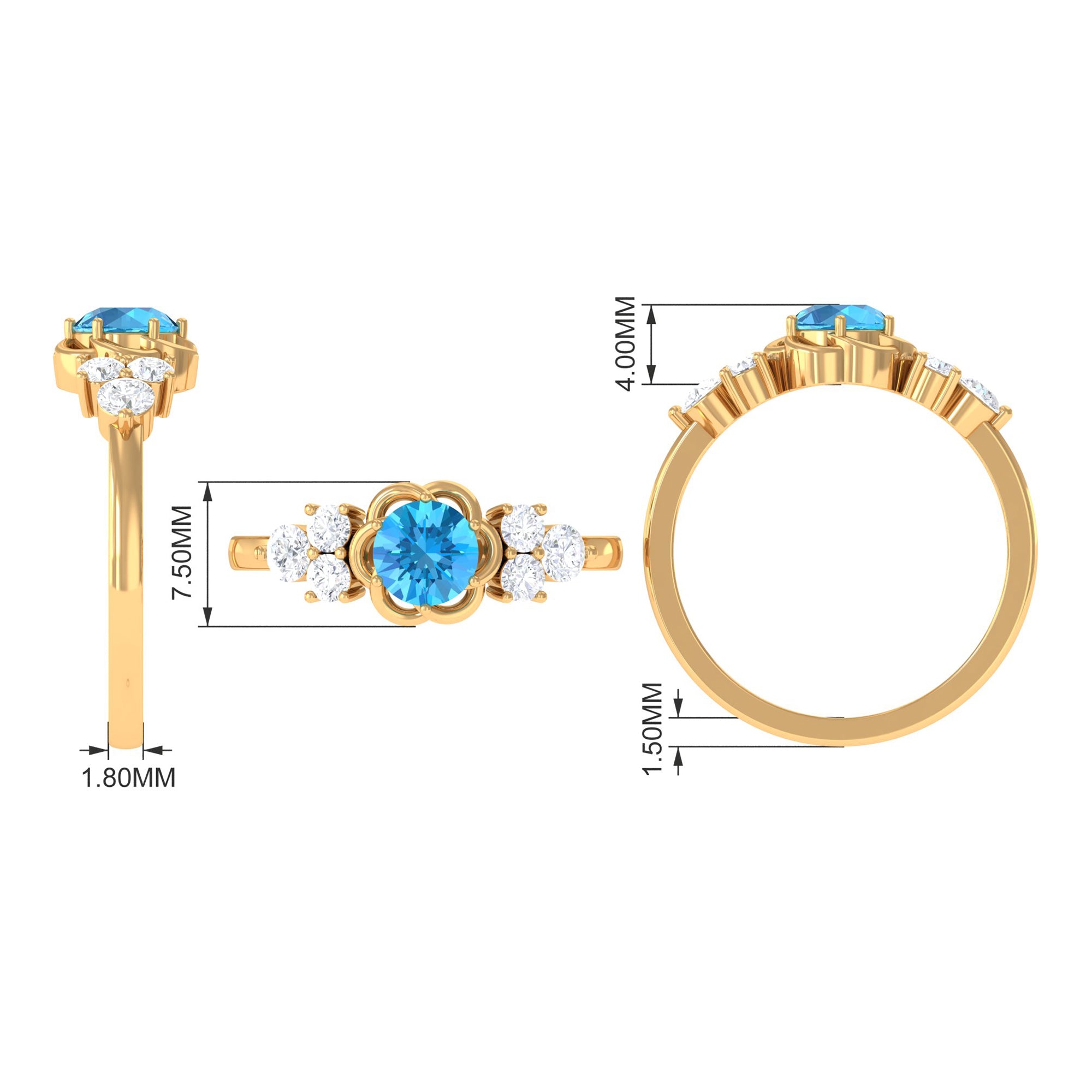 Rosec Jewels-Round Shape Swiss Blue Topaz Floral Engagement Ring with Diamond Trio