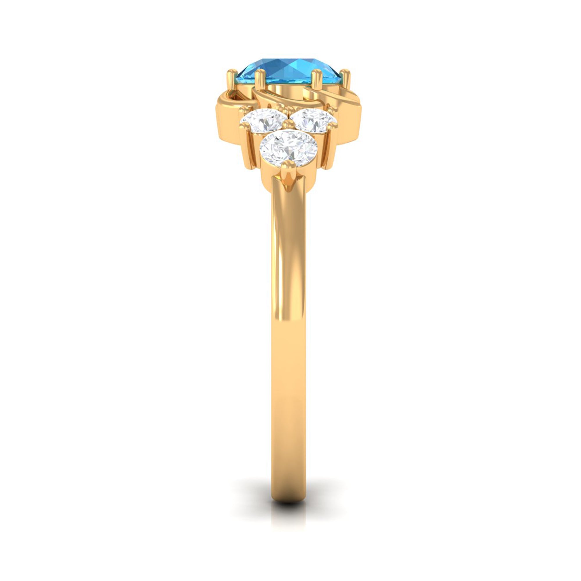 Rosec Jewels-Round Shape Swiss Blue Topaz Floral Engagement Ring with Diamond Trio