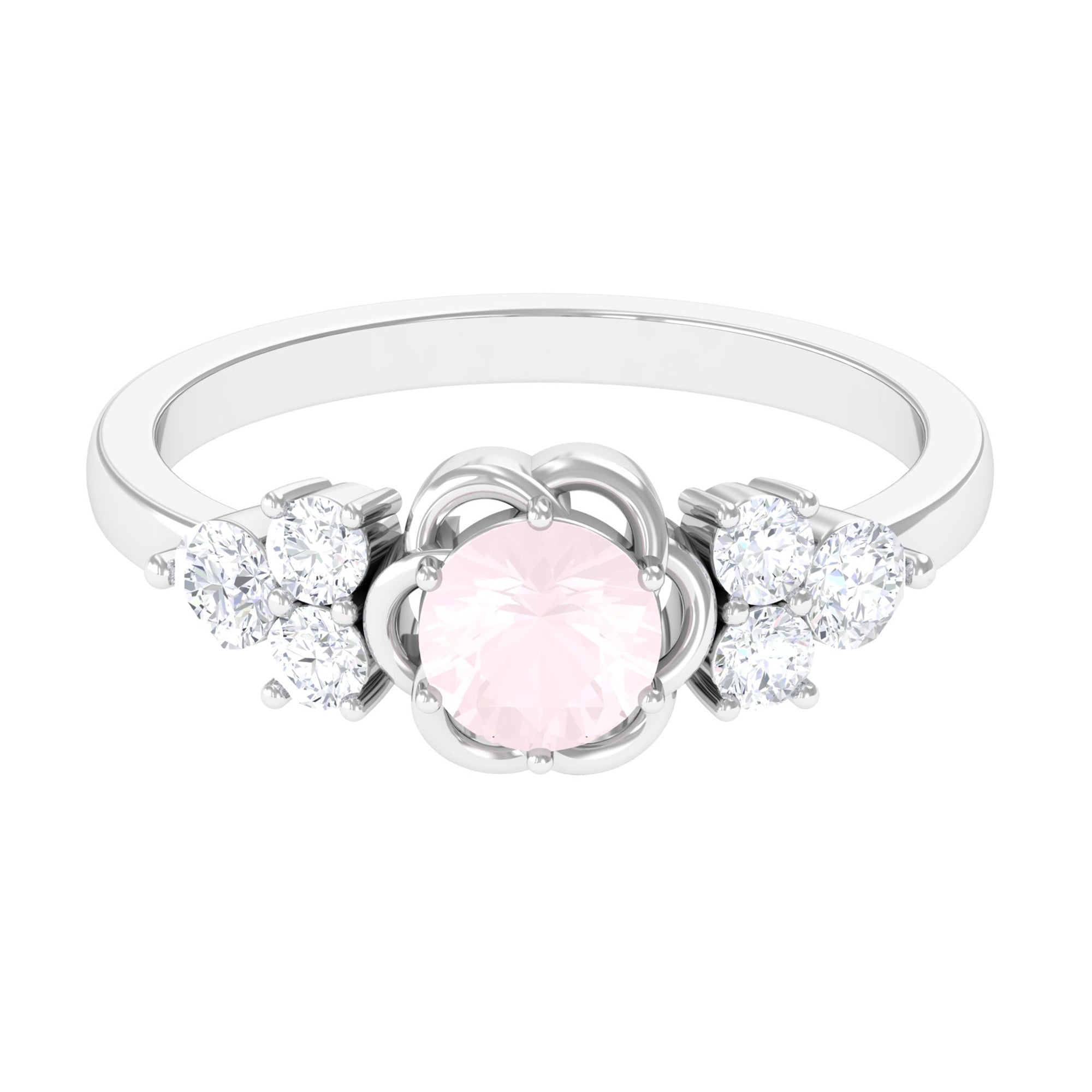 Rosec Jewels-1 CT Round Shape Rose Quartz Floral Engagement Ring with Diamond Trio