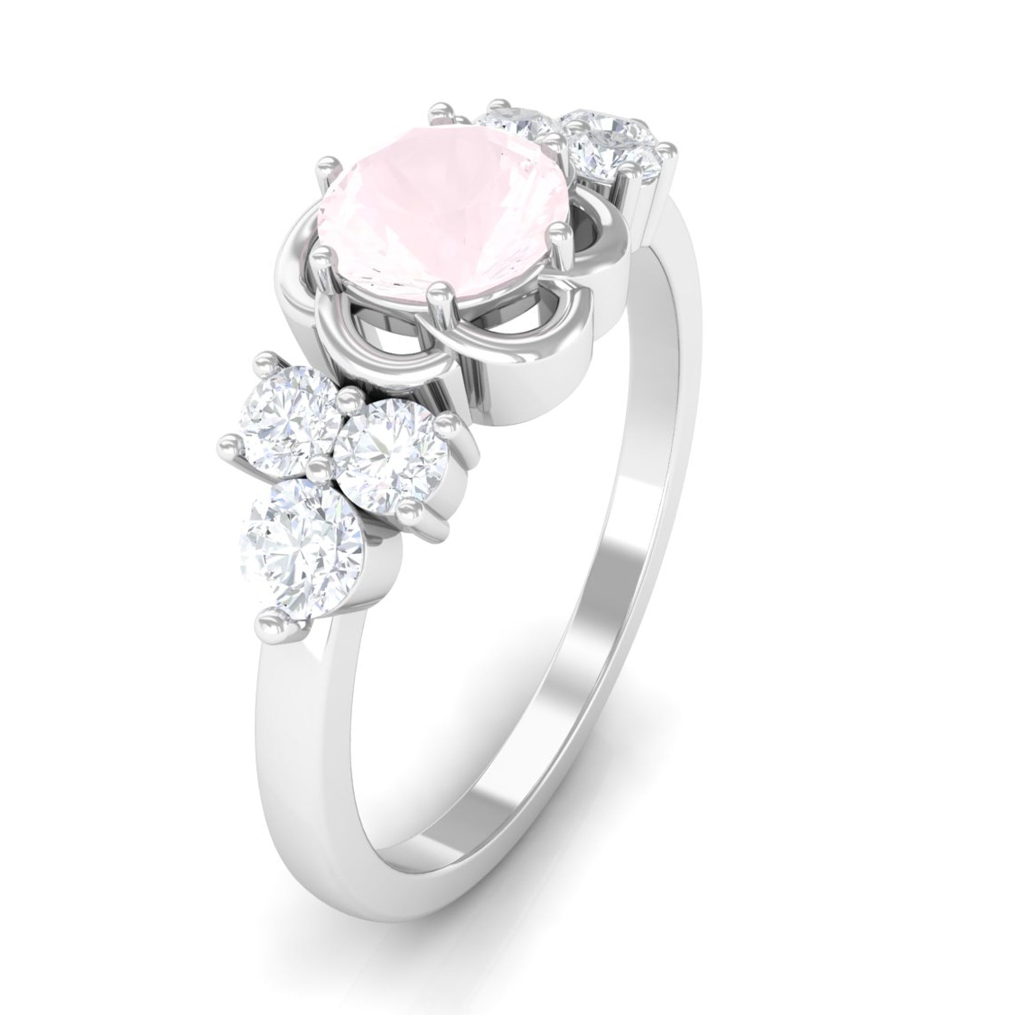 Rosec Jewels-1 CT Round Shape Rose Quartz Floral Engagement Ring with Diamond Trio