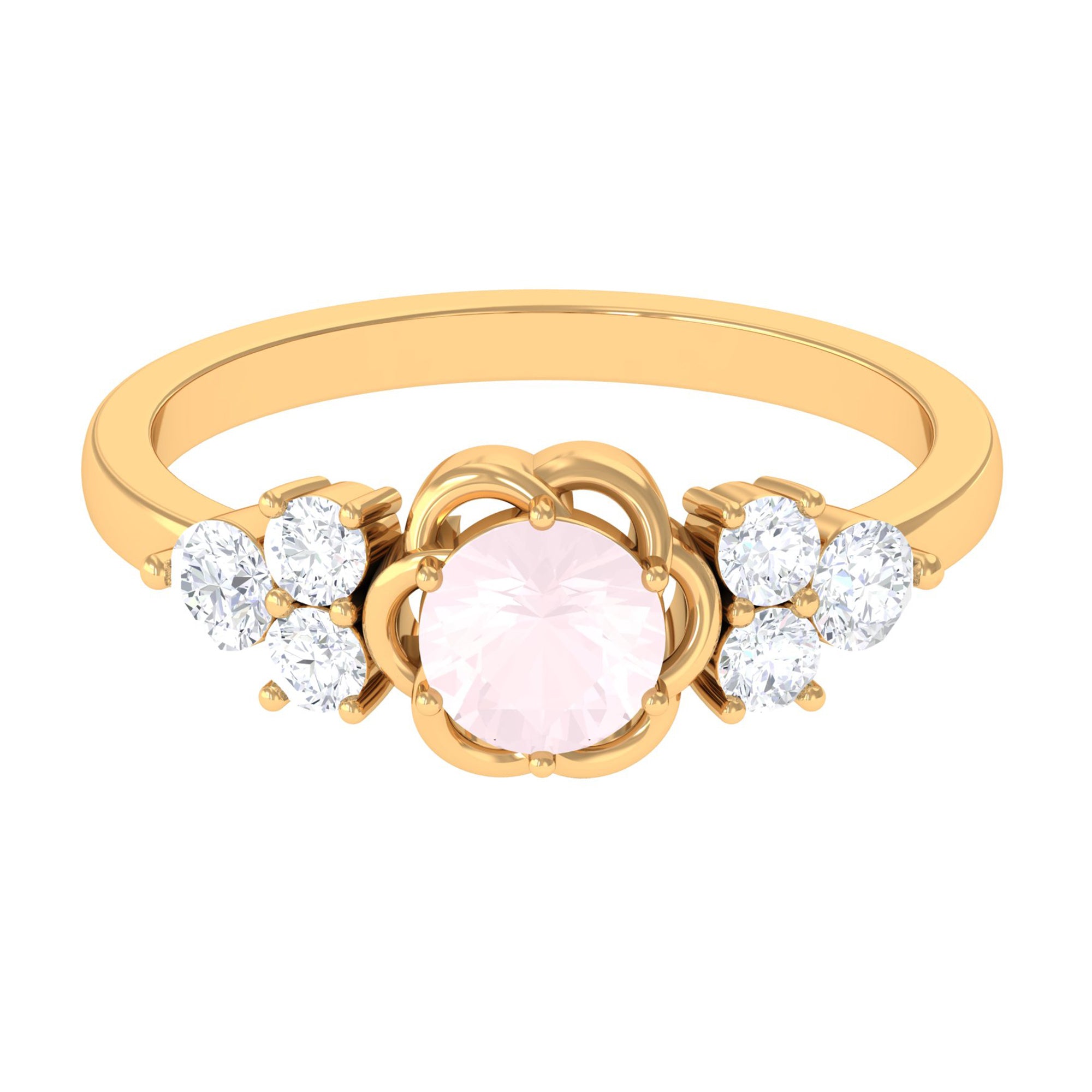 Rosec Jewels-1 CT Round Shape Rose Quartz Floral Engagement Ring with Diamond Trio