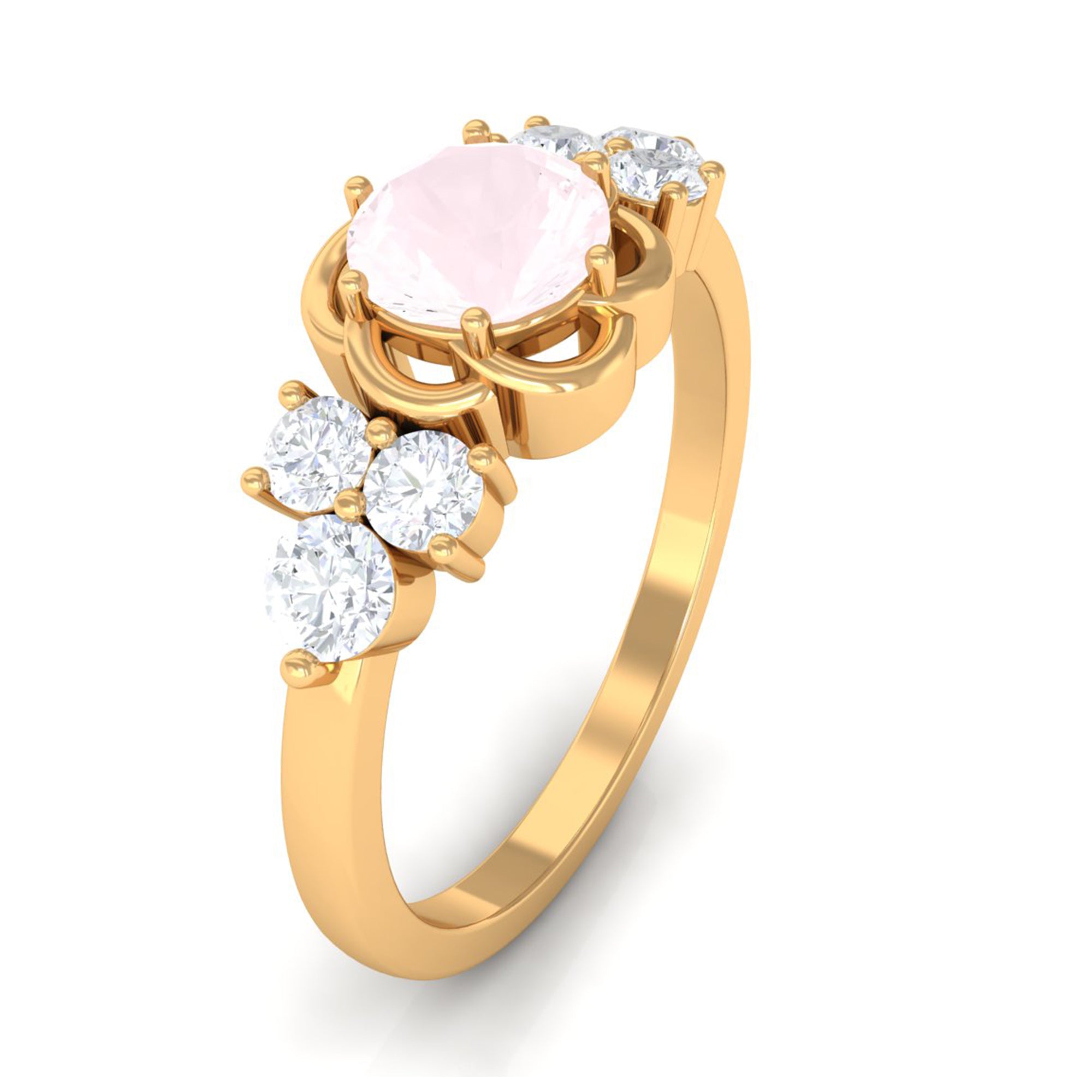 Rosec Jewels-1 CT Round Shape Rose Quartz Floral Engagement Ring with Diamond Trio