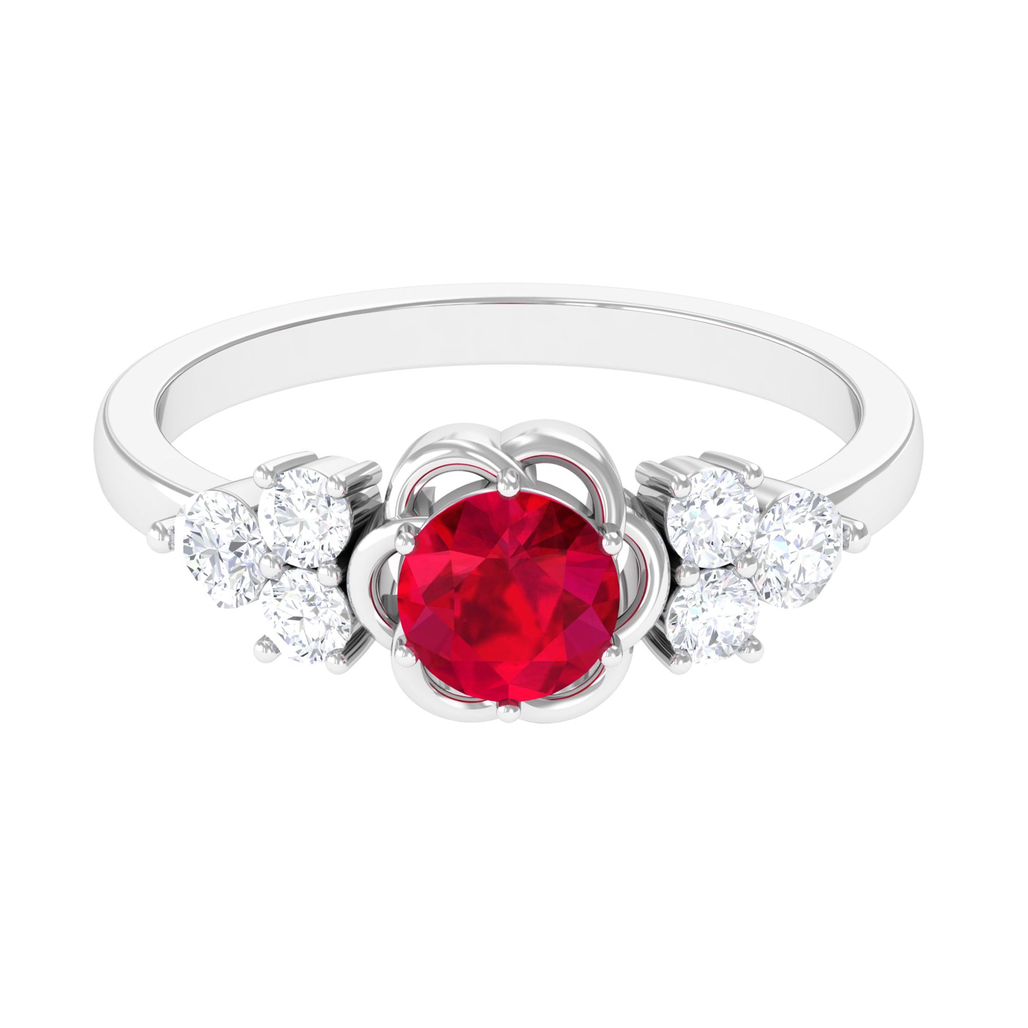 Rosec Jewels-Lab Grown Ruby Flower Ring with Diamond Trio