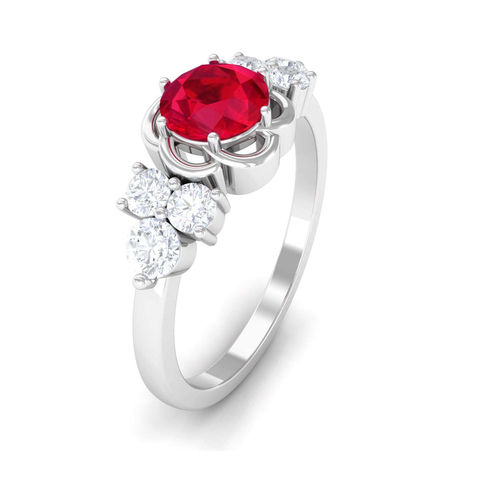 Rosec Jewels-Lab Grown Ruby Flower Ring with Diamond Trio