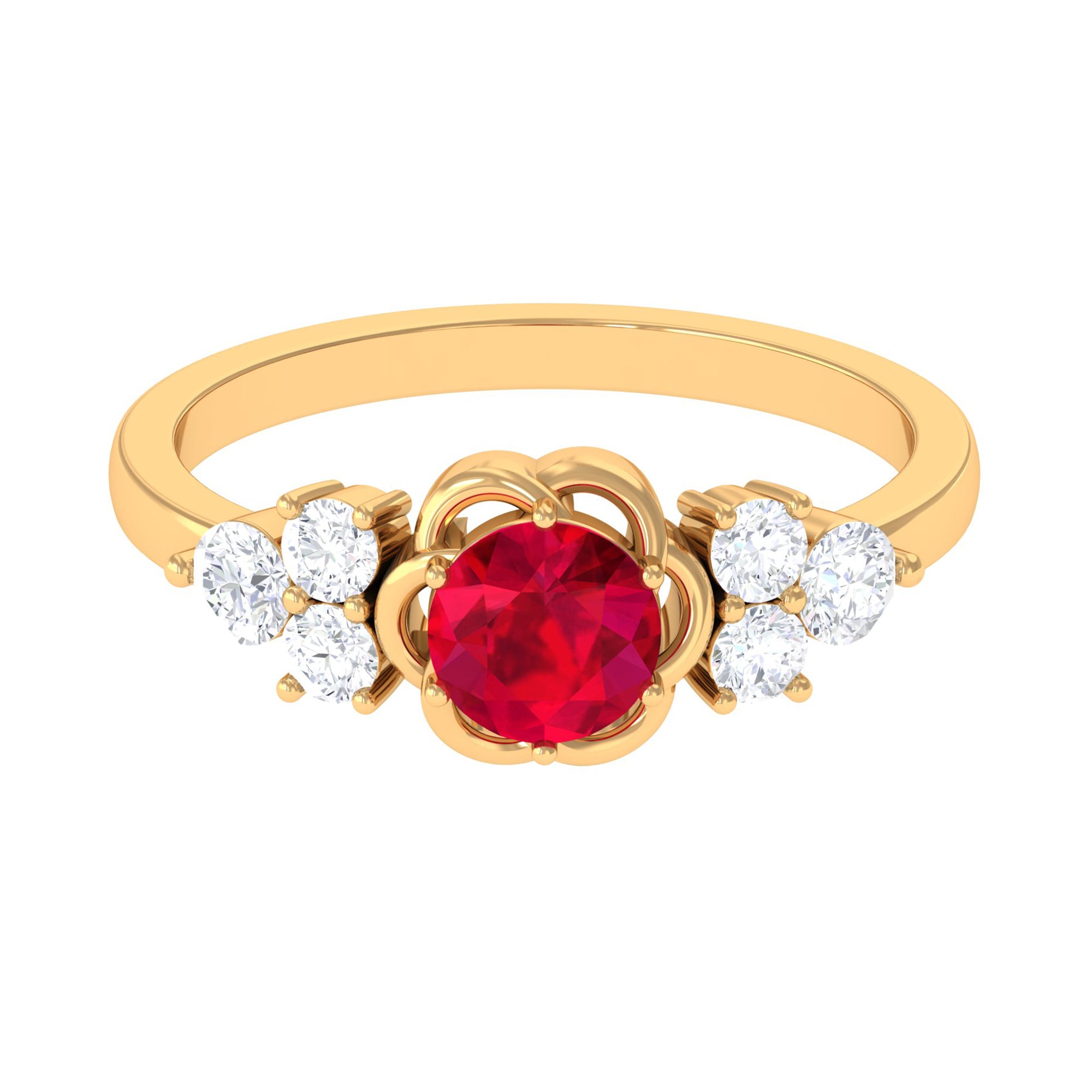 Rosec Jewels-Lab Grown Ruby Flower Ring with Diamond Trio