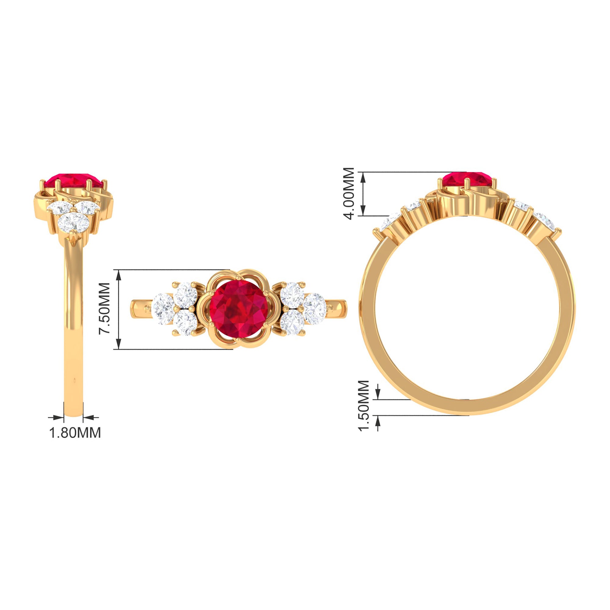 Rosec Jewels-Lab Grown Ruby Flower Ring with Diamond Trio