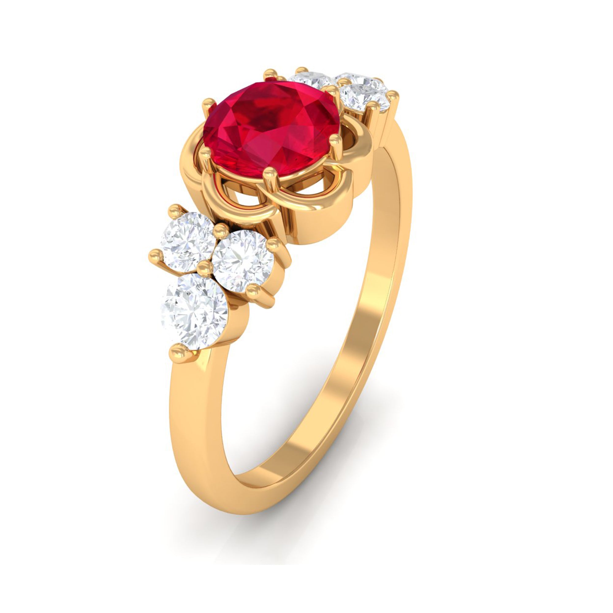 Rosec Jewels-Lab Grown Ruby Flower Ring with Diamond Trio