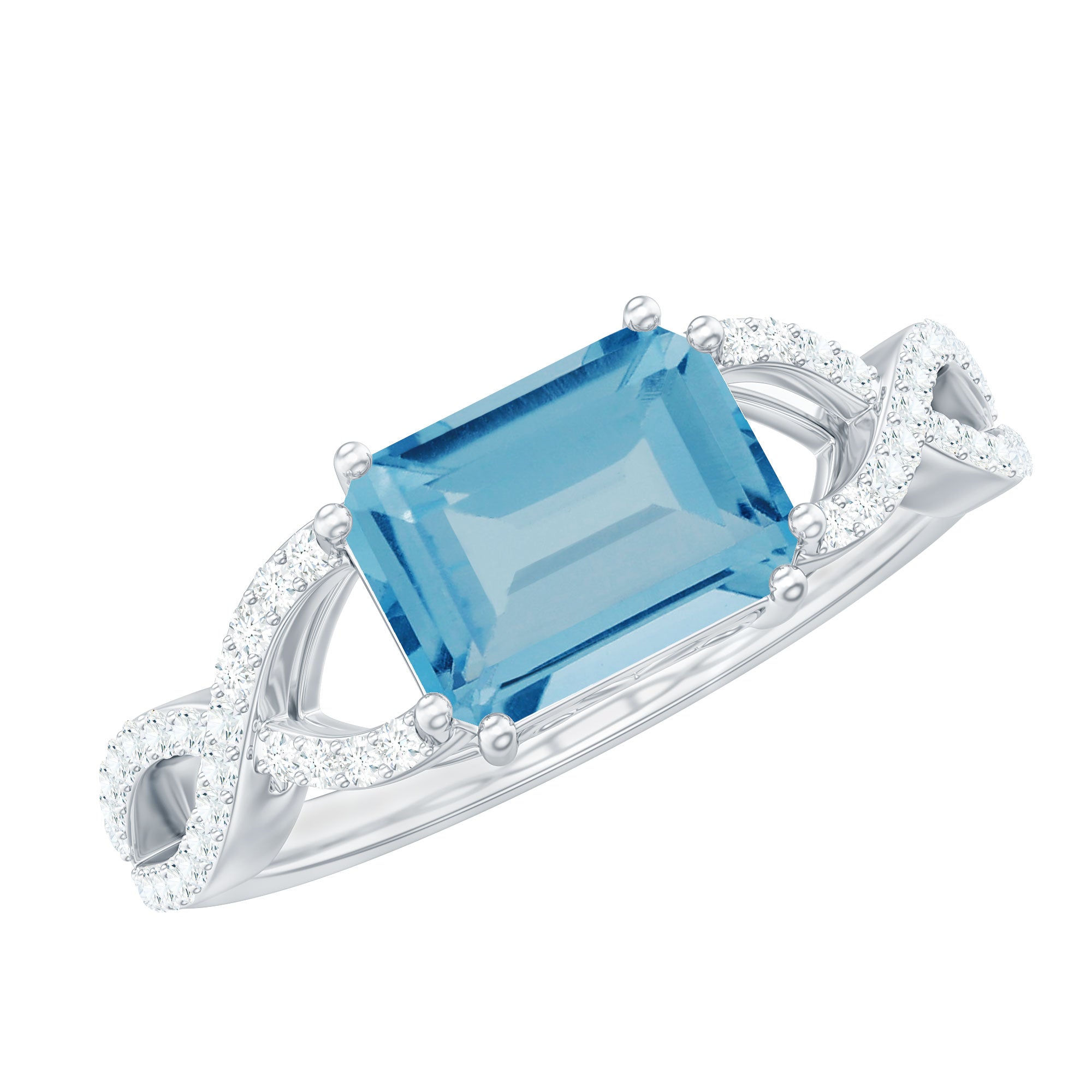 Rosec Jewels-Emerald Cut Swiss Blue Topaz East-West Crossover Ring with Diamond