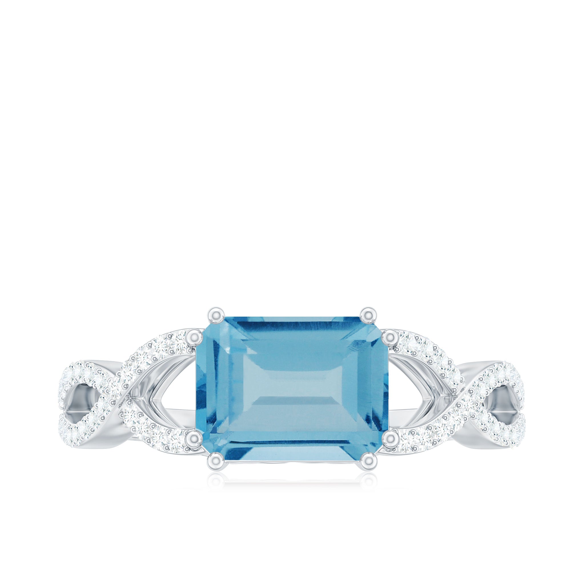 Rosec Jewels-Emerald Cut Swiss Blue Topaz East-West Crossover Ring with Diamond