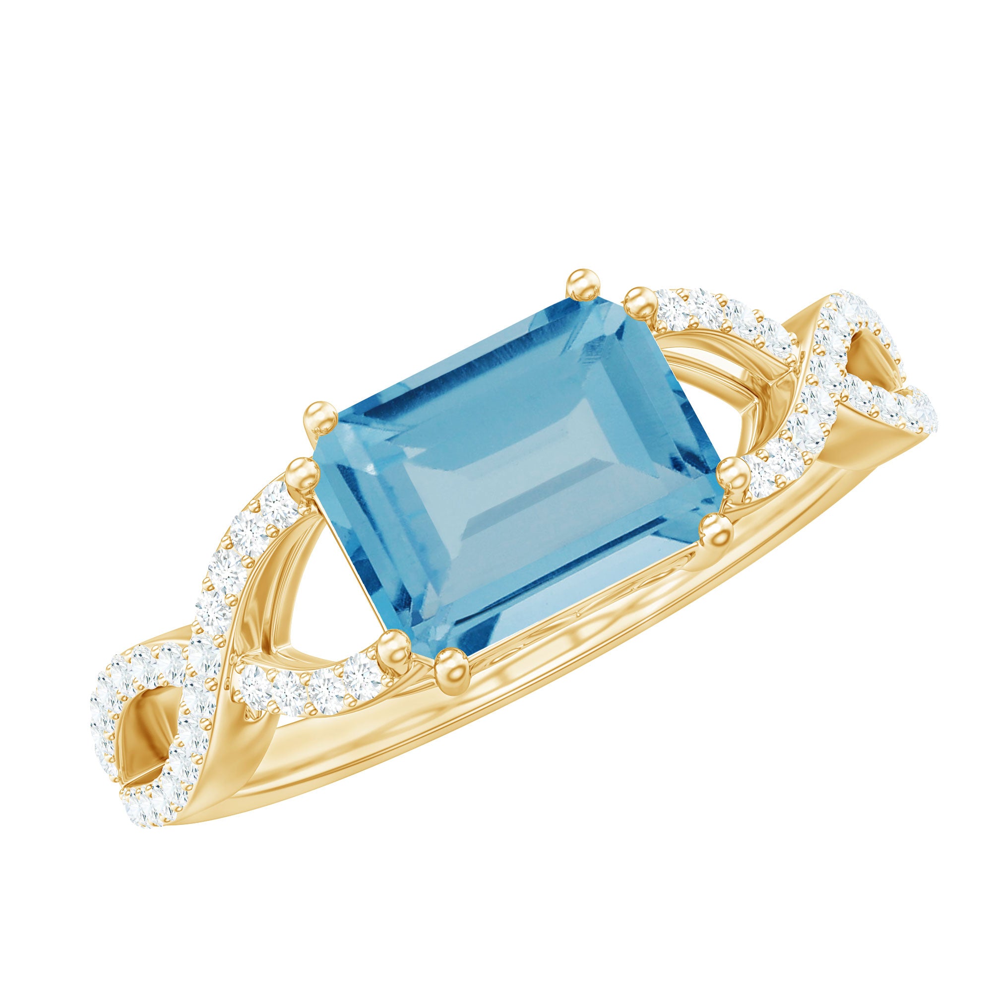 Rosec Jewels-Emerald Cut Swiss Blue Topaz East-West Crossover Ring with Diamond