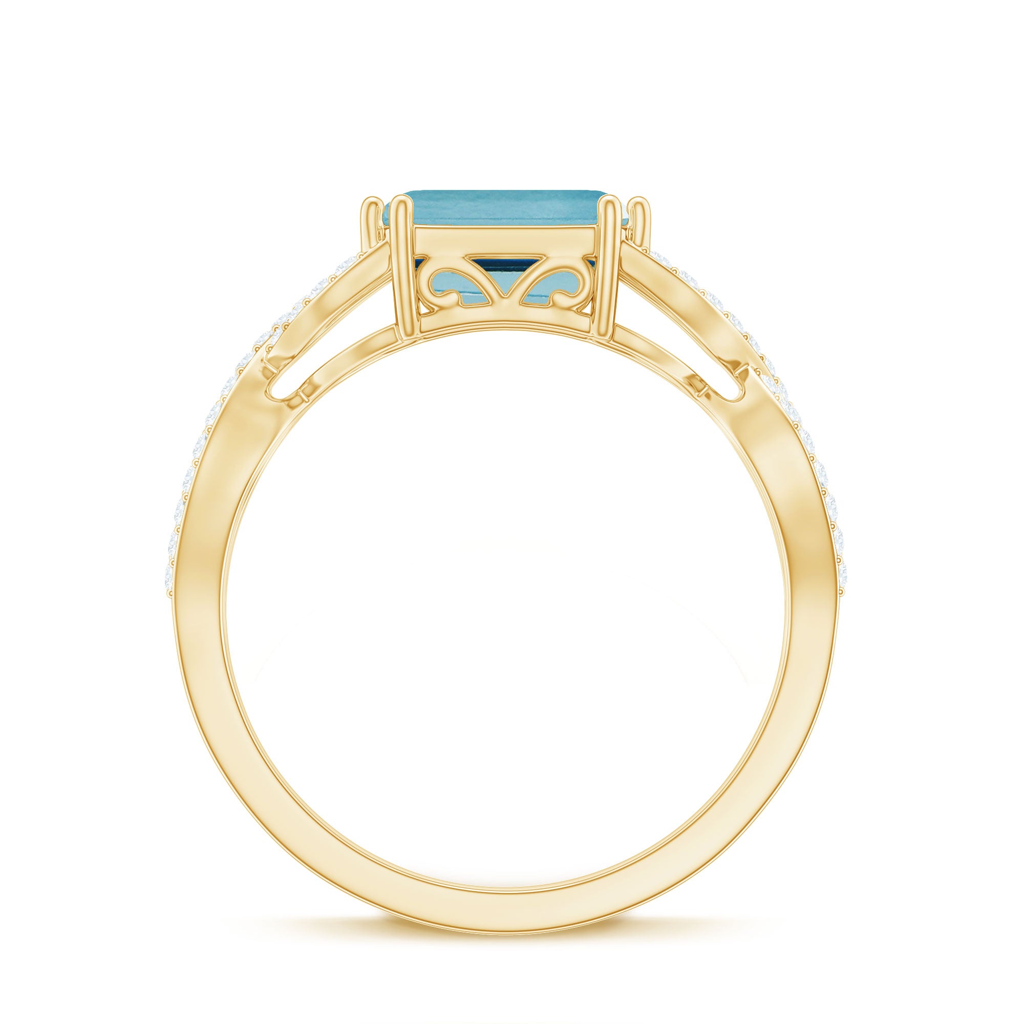 Rosec Jewels-Emerald Cut Swiss Blue Topaz East-West Crossover Ring with Diamond