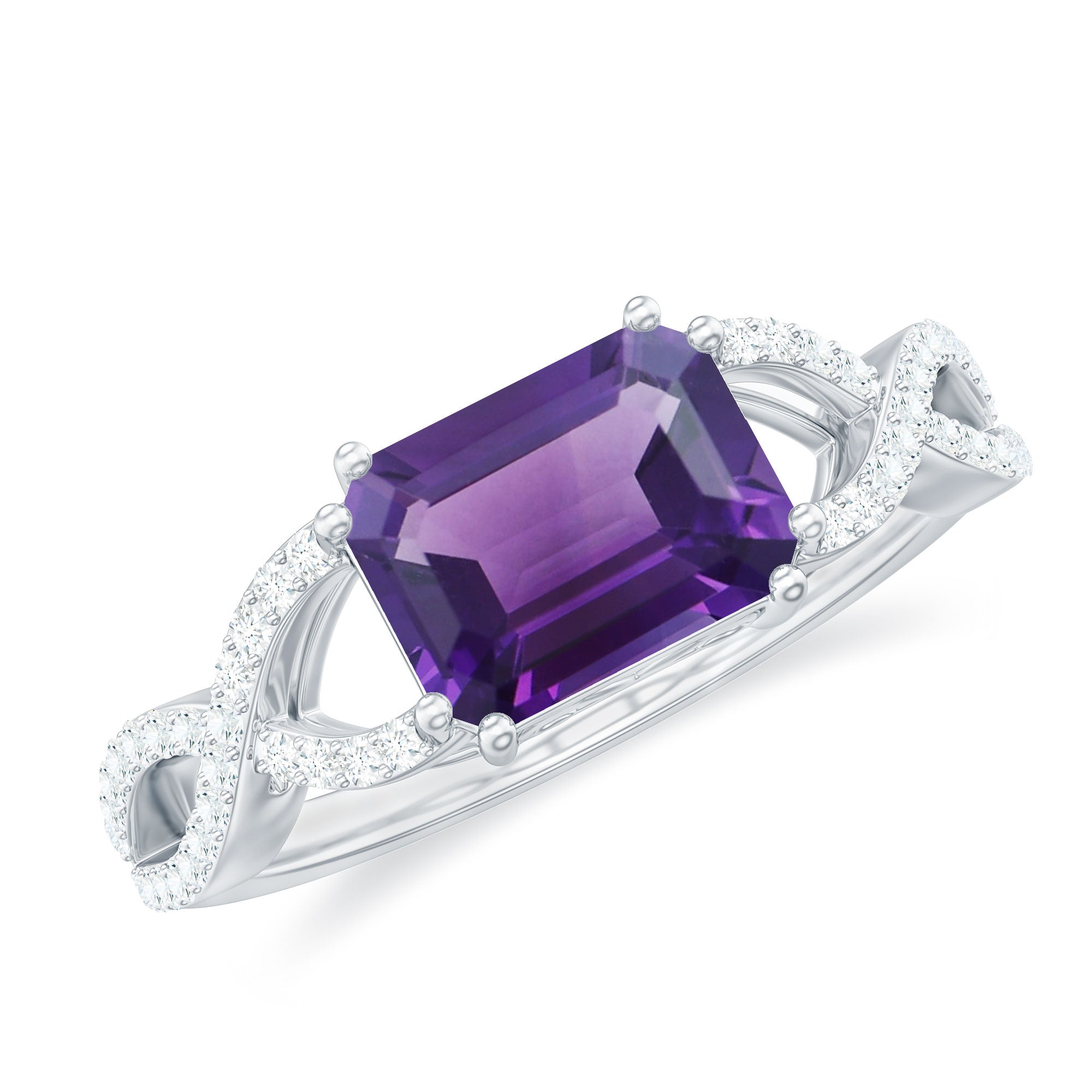 Rosec Jewels-Emerald Cut Amethyst East West Crossover Ring with Diamond