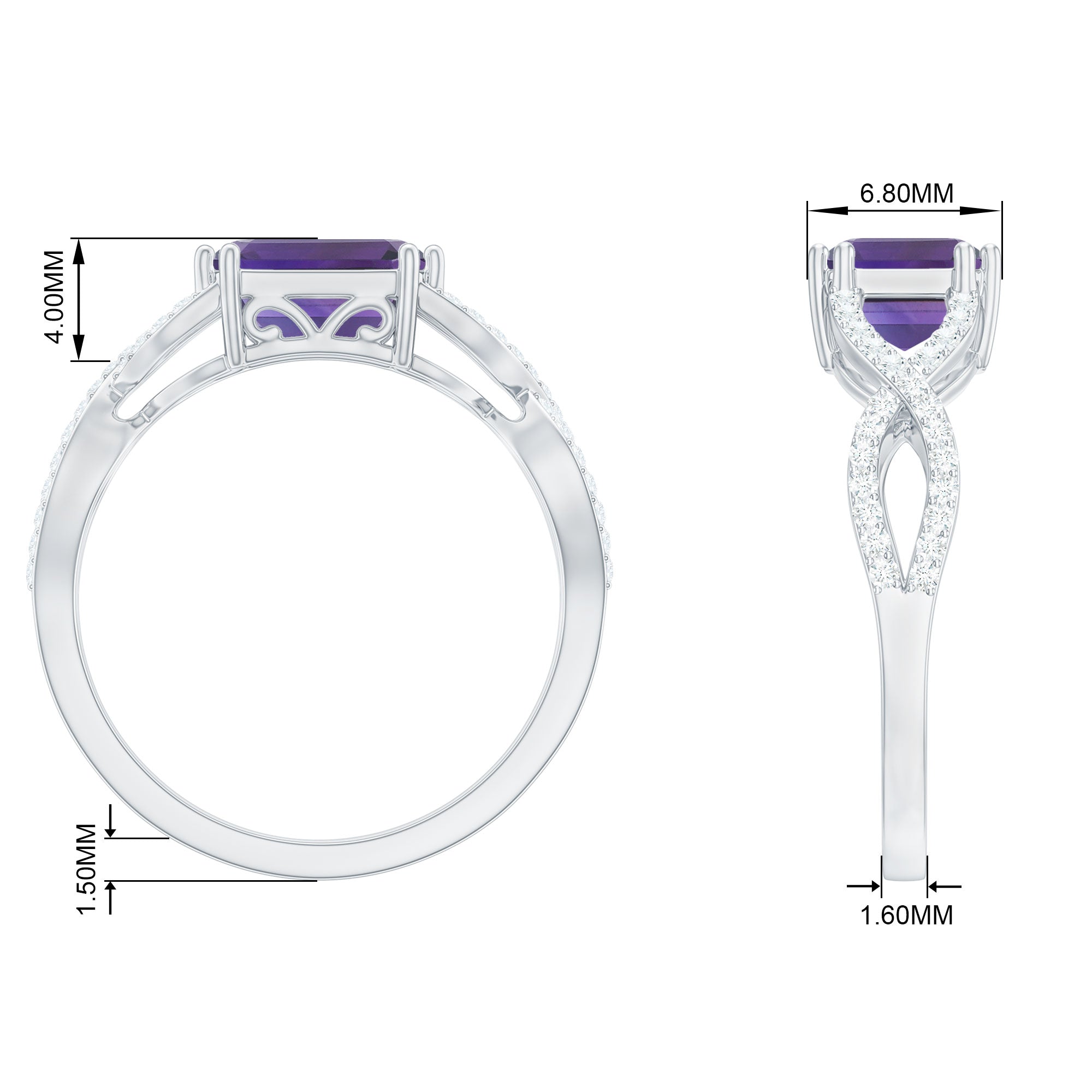 Rosec Jewels-Emerald Cut Amethyst East West Crossover Ring with Diamond