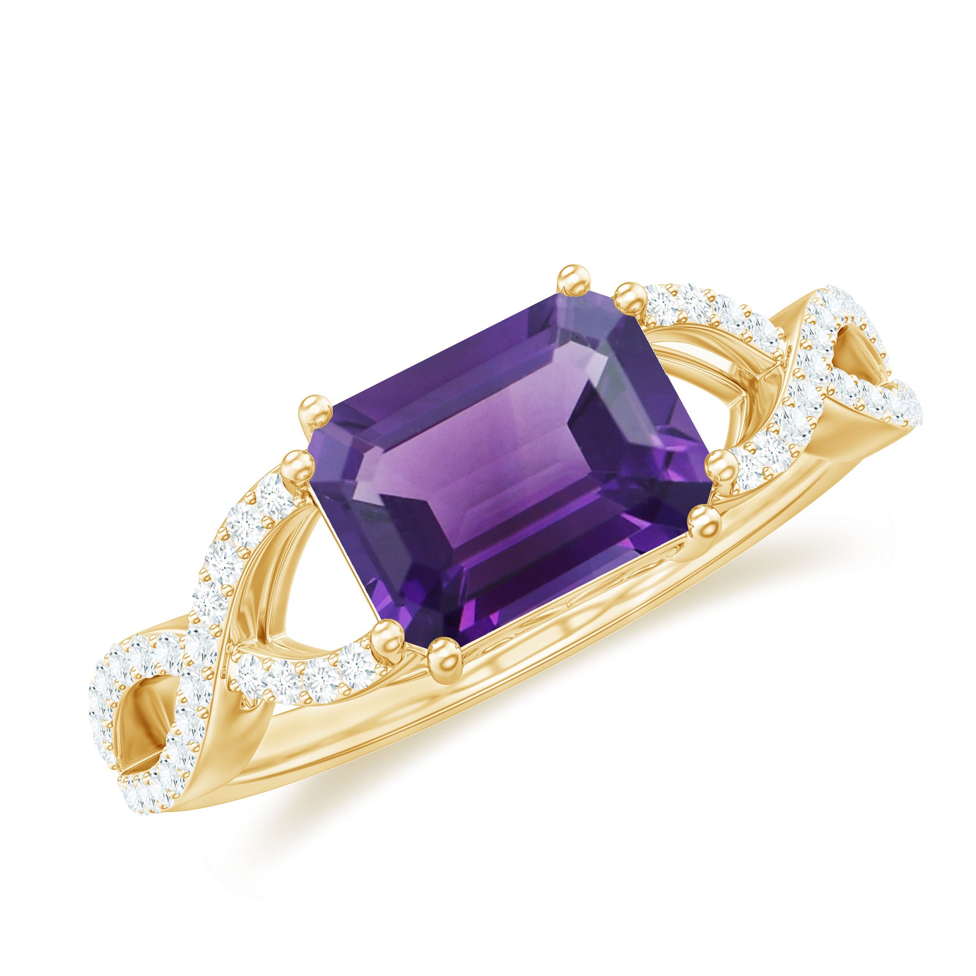 Rosec Jewels-Emerald Cut Amethyst East West Crossover Ring with Diamond