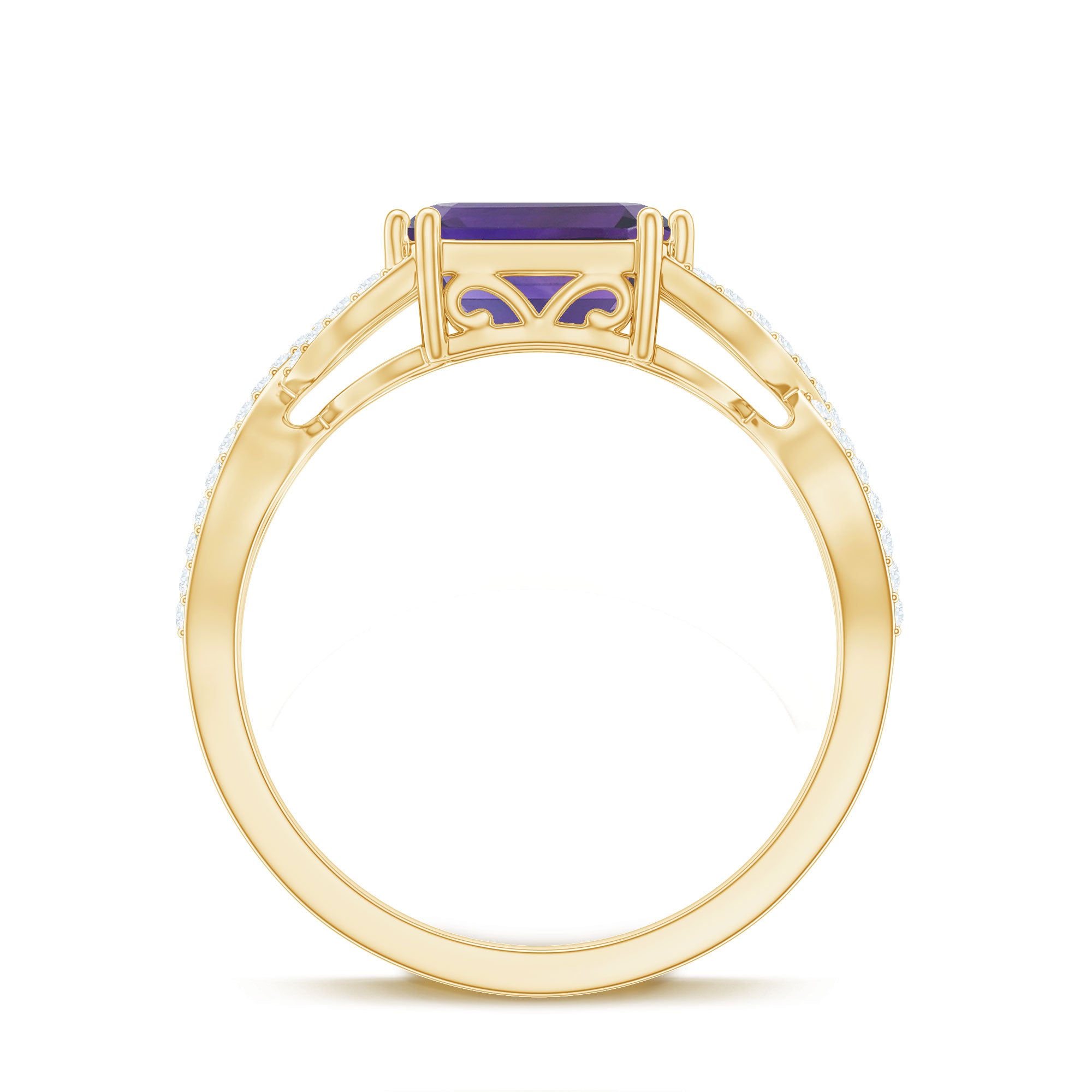 Rosec Jewels-Emerald Cut Amethyst East West Crossover Ring with Diamond