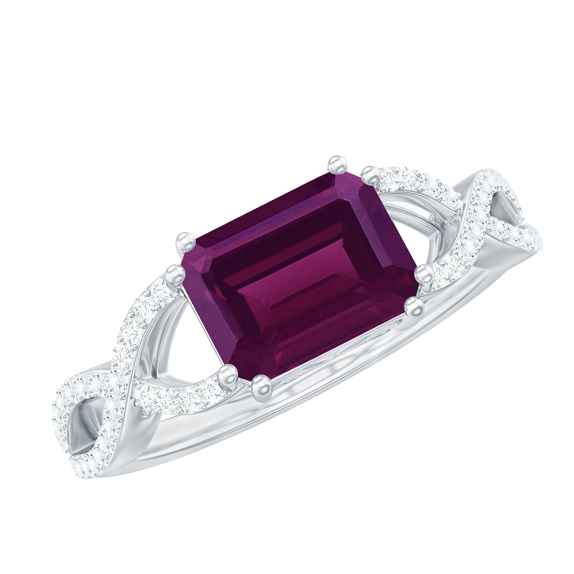 Rosec Jewels-2.25 CT Emerald Cut Rhodolite East West Engagement Ring with Crossover Diamond