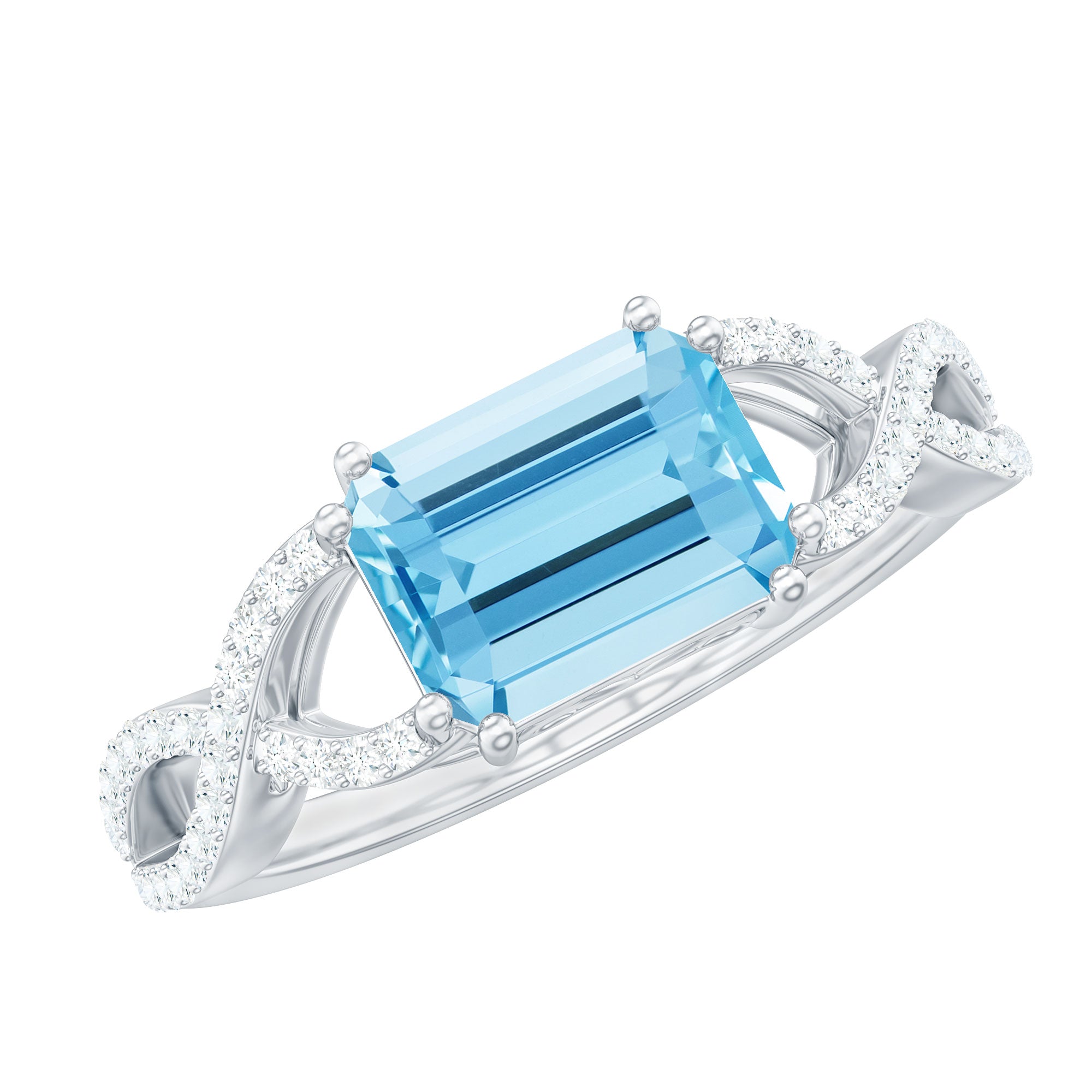 Rosec Jewels-Emerald Cut Aquamarine East West Crossover Ring with Diamond