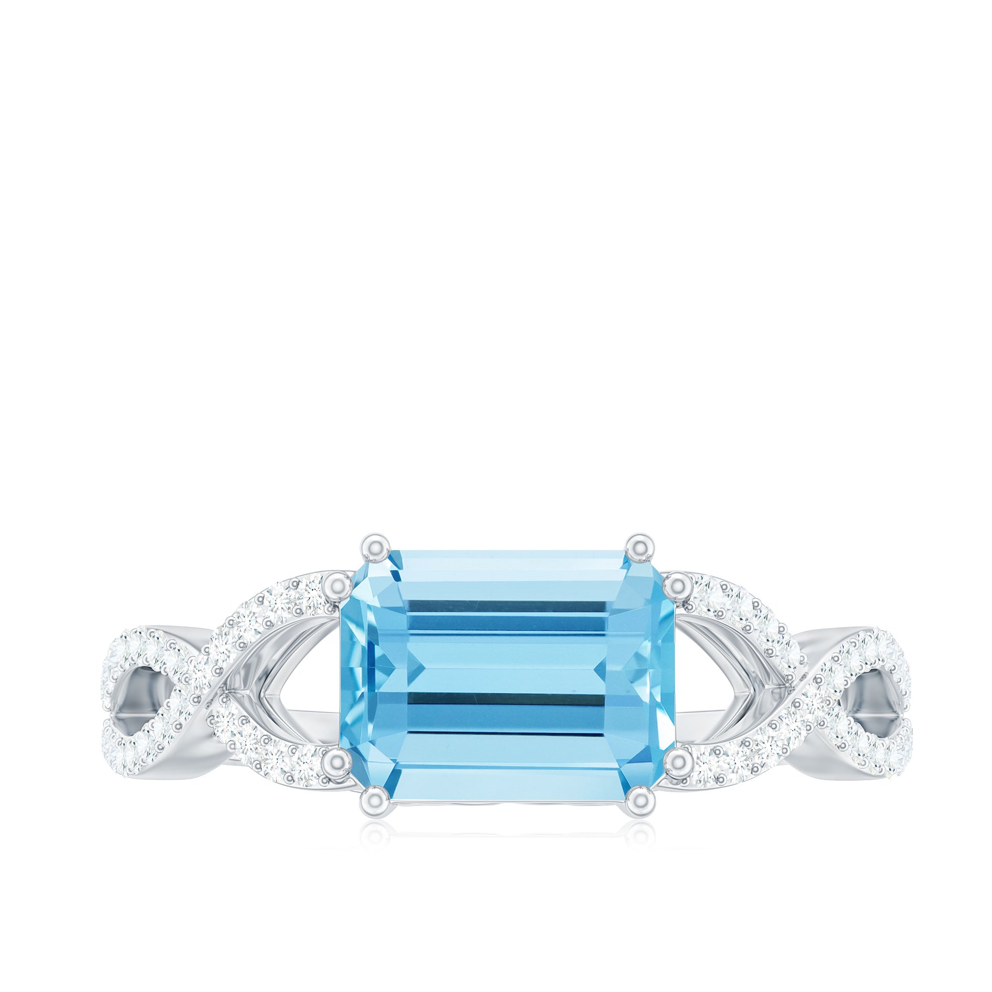 Rosec Jewels-Emerald Cut Aquamarine East West Crossover Ring with Diamond