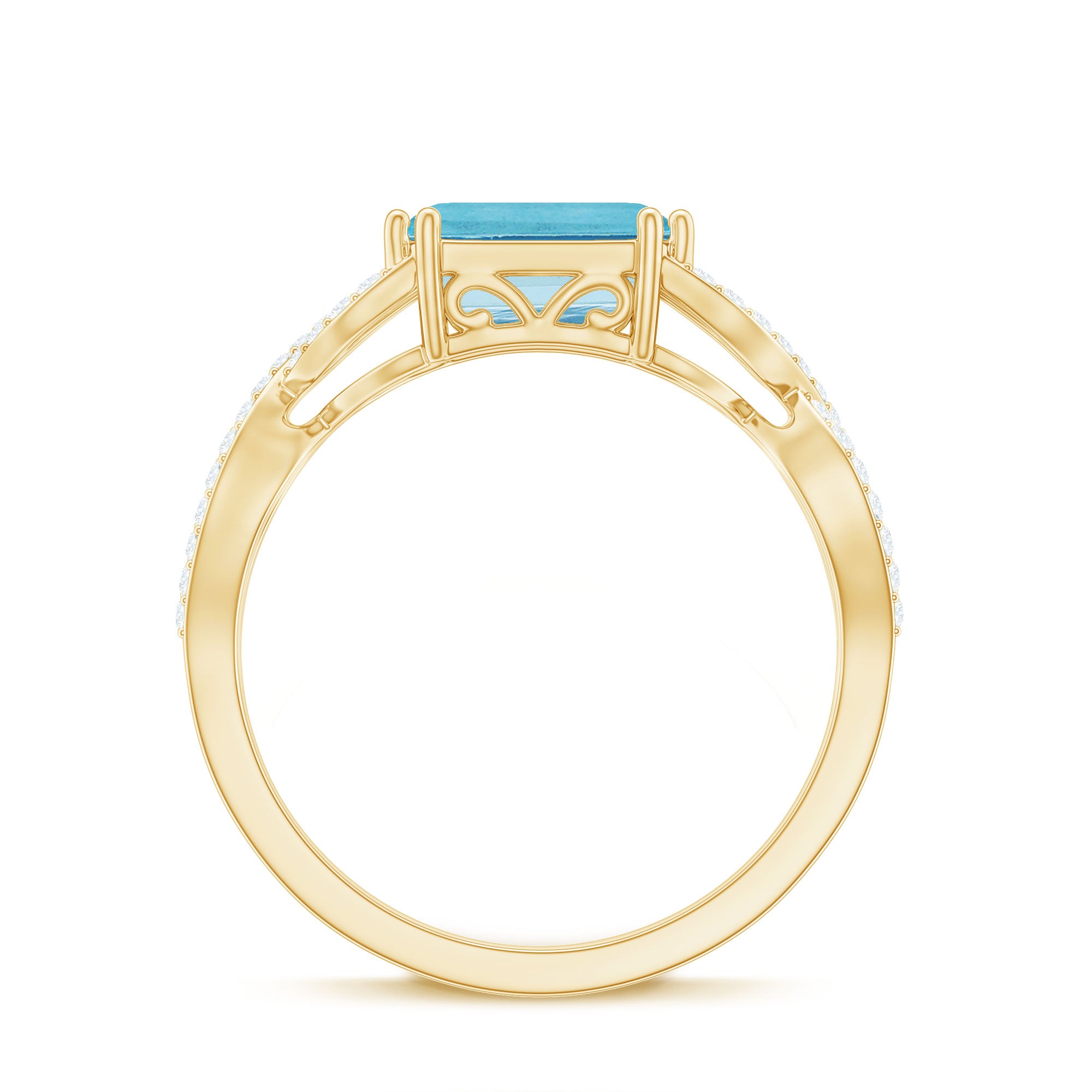 Rosec Jewels-Emerald Cut Aquamarine East West Crossover Ring with Diamond