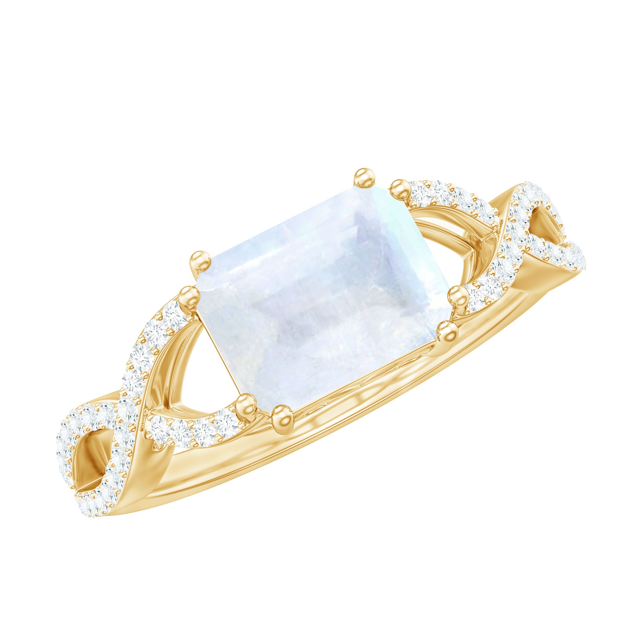 Rosec Jewels-2 CT Emerald Cut Moonstone East West Crossover Ring with Diamond