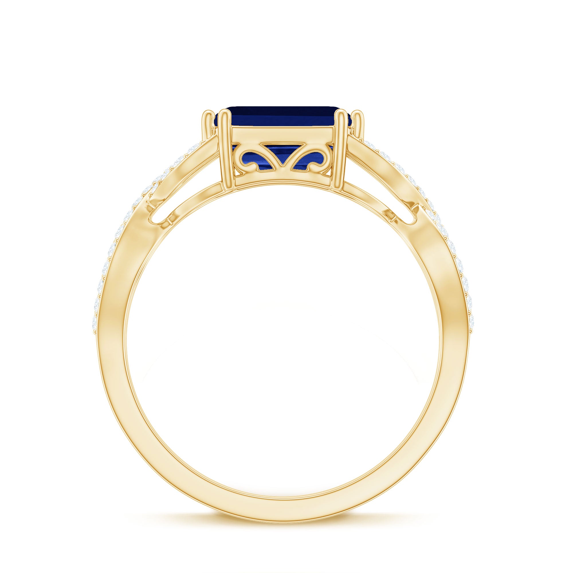 Rosec Jewels-Octagon Created Blue Sapphire East-West Crossover Ring with Diamond