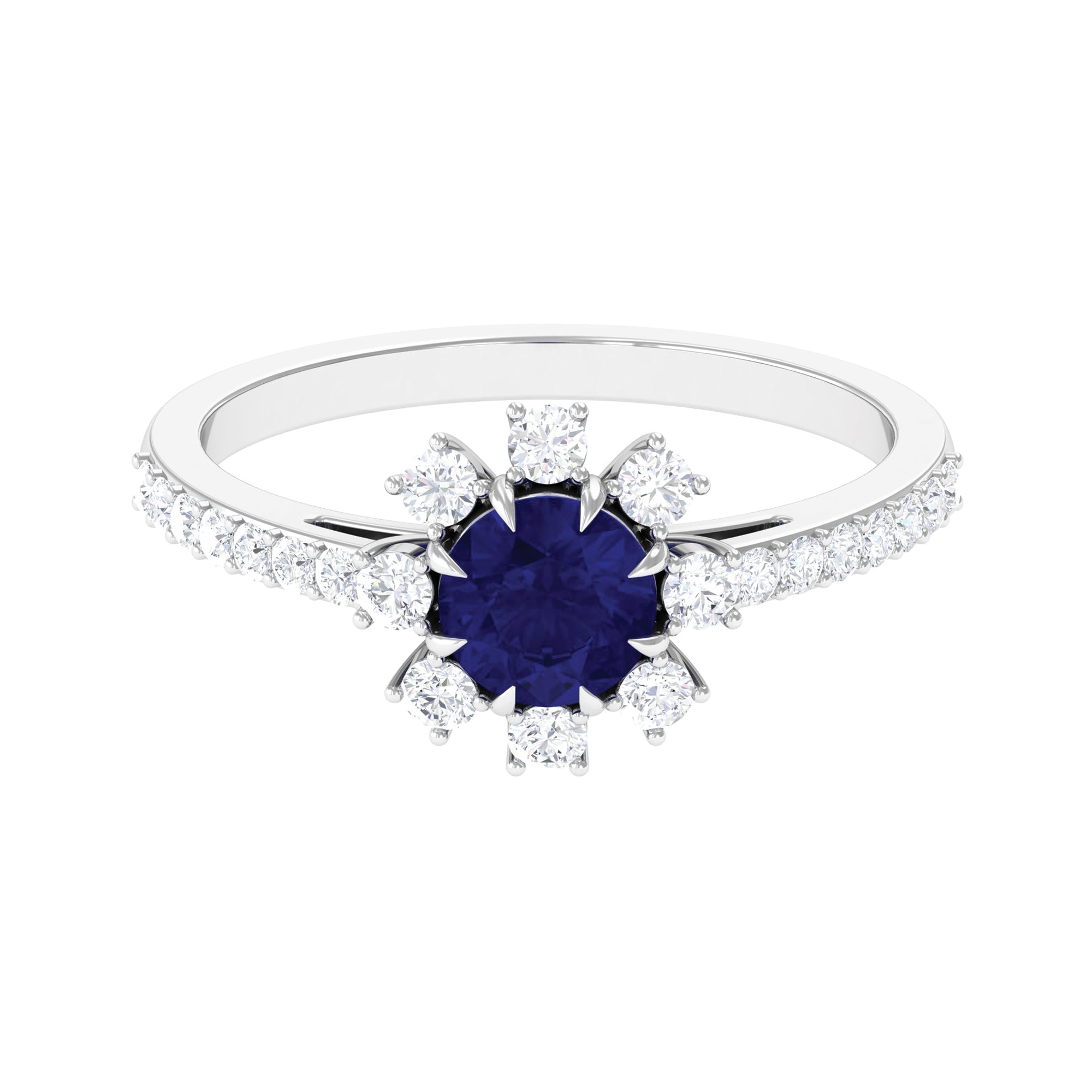 Rosec Jewels-Classic Blue Sapphire Halo Engagement Ring with Diamond