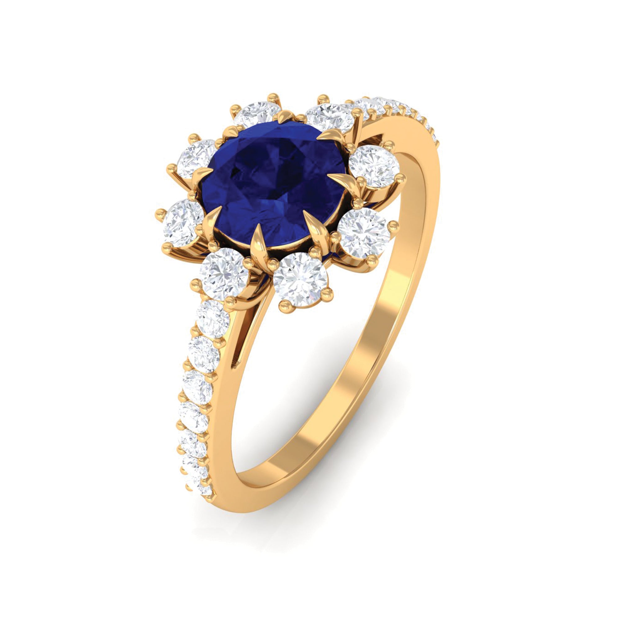 Rosec Jewels-Classic Blue Sapphire Halo Engagement Ring with Diamond