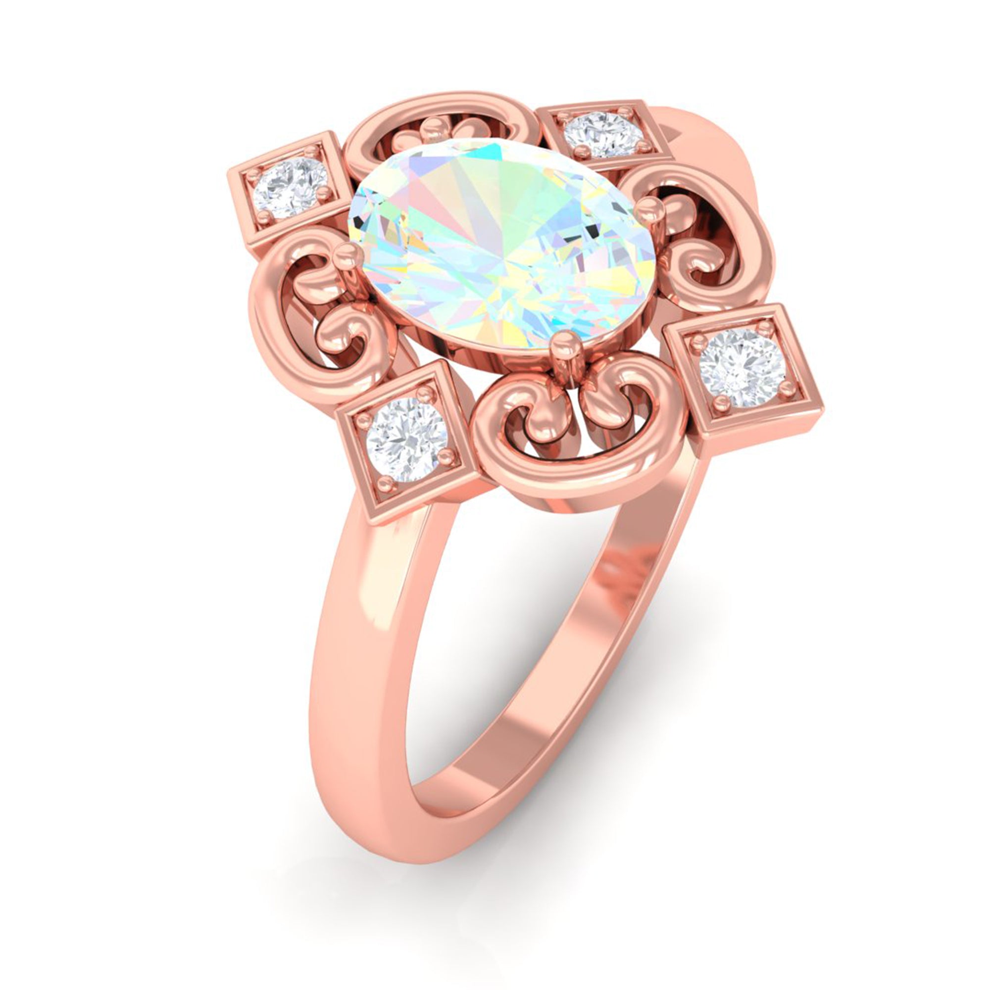 Rosec Jewels-Solitaire Ethiopian Opal Art Deco Engagement Ring with Diamond