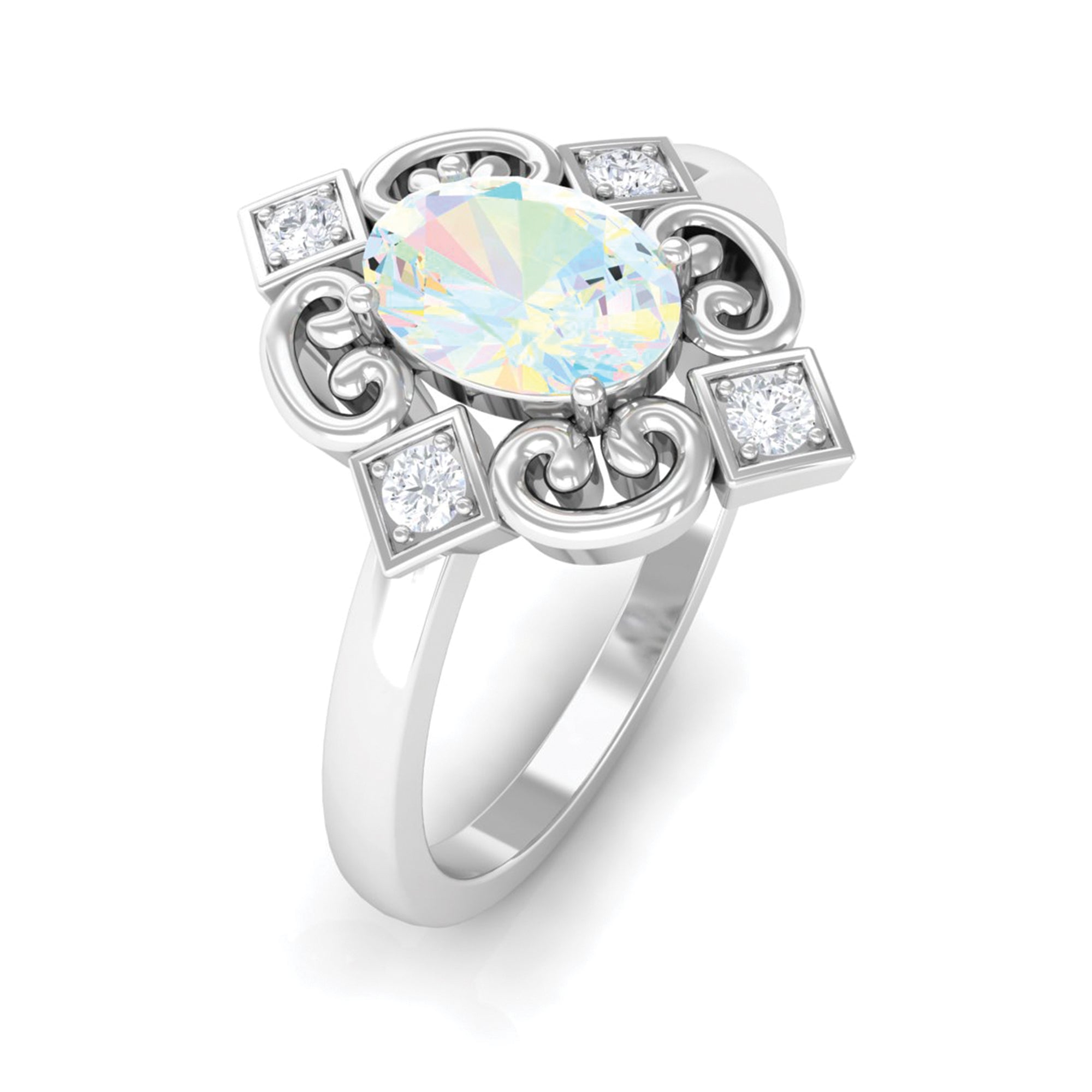 Rosec Jewels-Solitaire Ethiopian Opal Art Deco Engagement Ring with Diamond