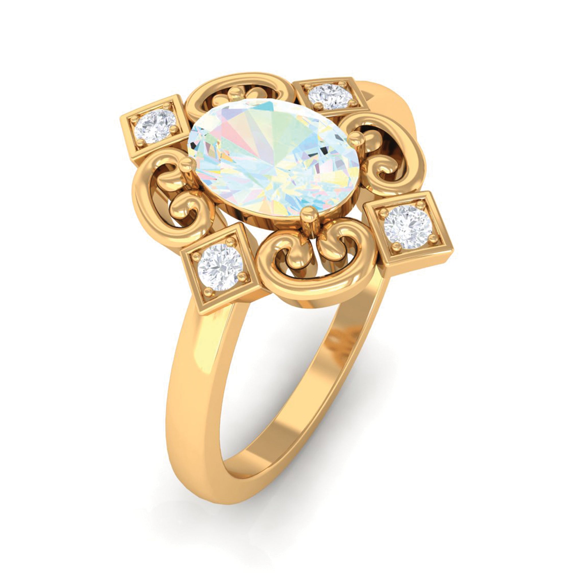 Rosec Jewels-Solitaire Ethiopian Opal Art Deco Engagement Ring with Diamond