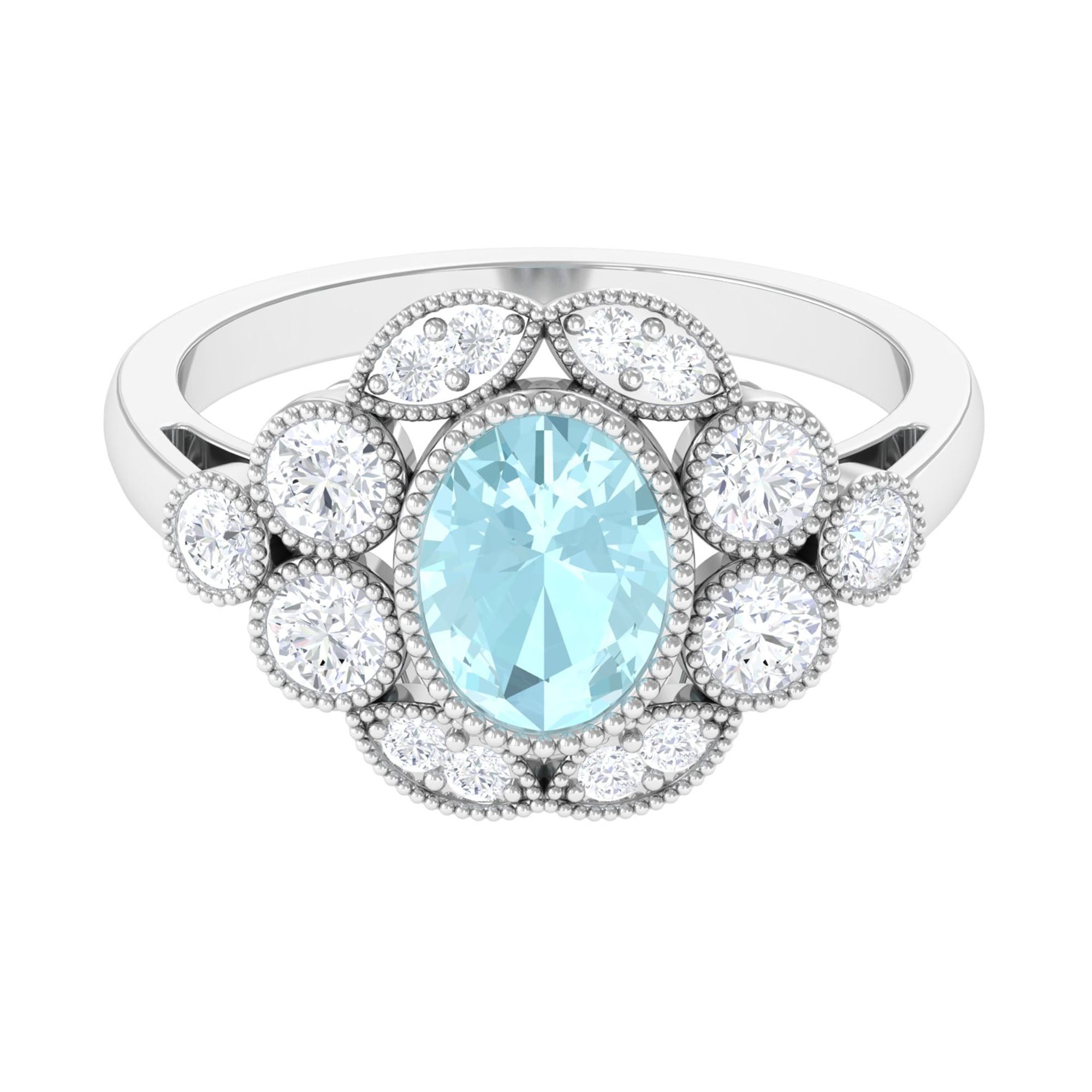 Rosec Jewels-Oval Sky Blue Topaz Statement Engagement Ring with Moissanite Halo