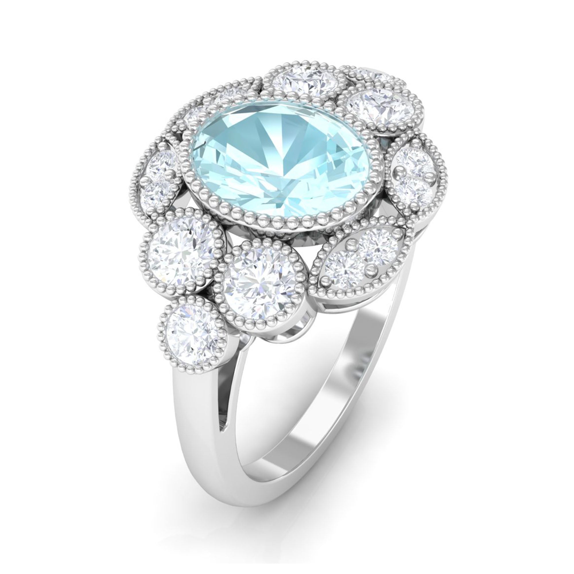 Rosec Jewels-Oval Sky Blue Topaz Statement Engagement Ring with Moissanite Halo