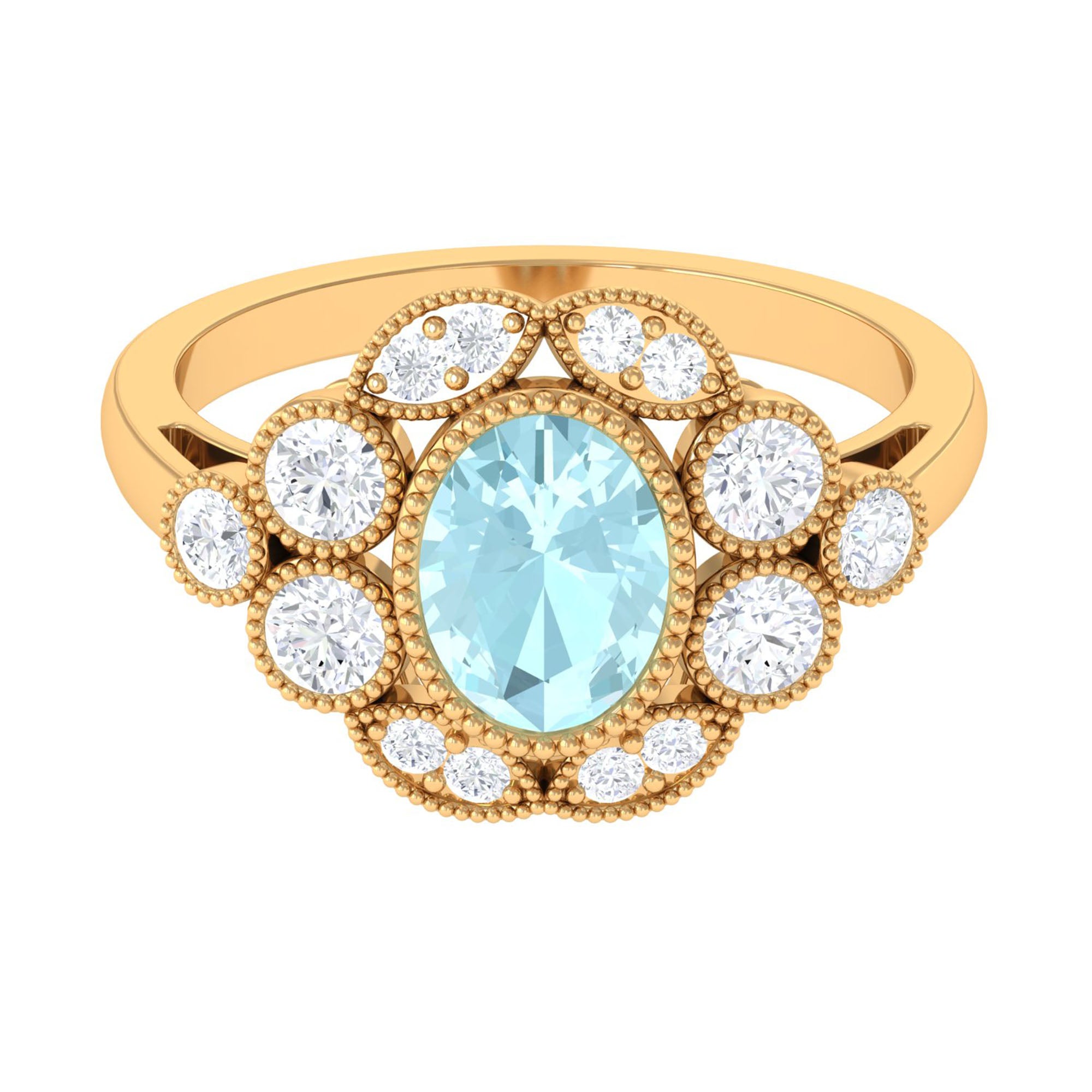 Rosec Jewels-Oval Sky Blue Topaz Statement Engagement Ring with Moissanite Halo