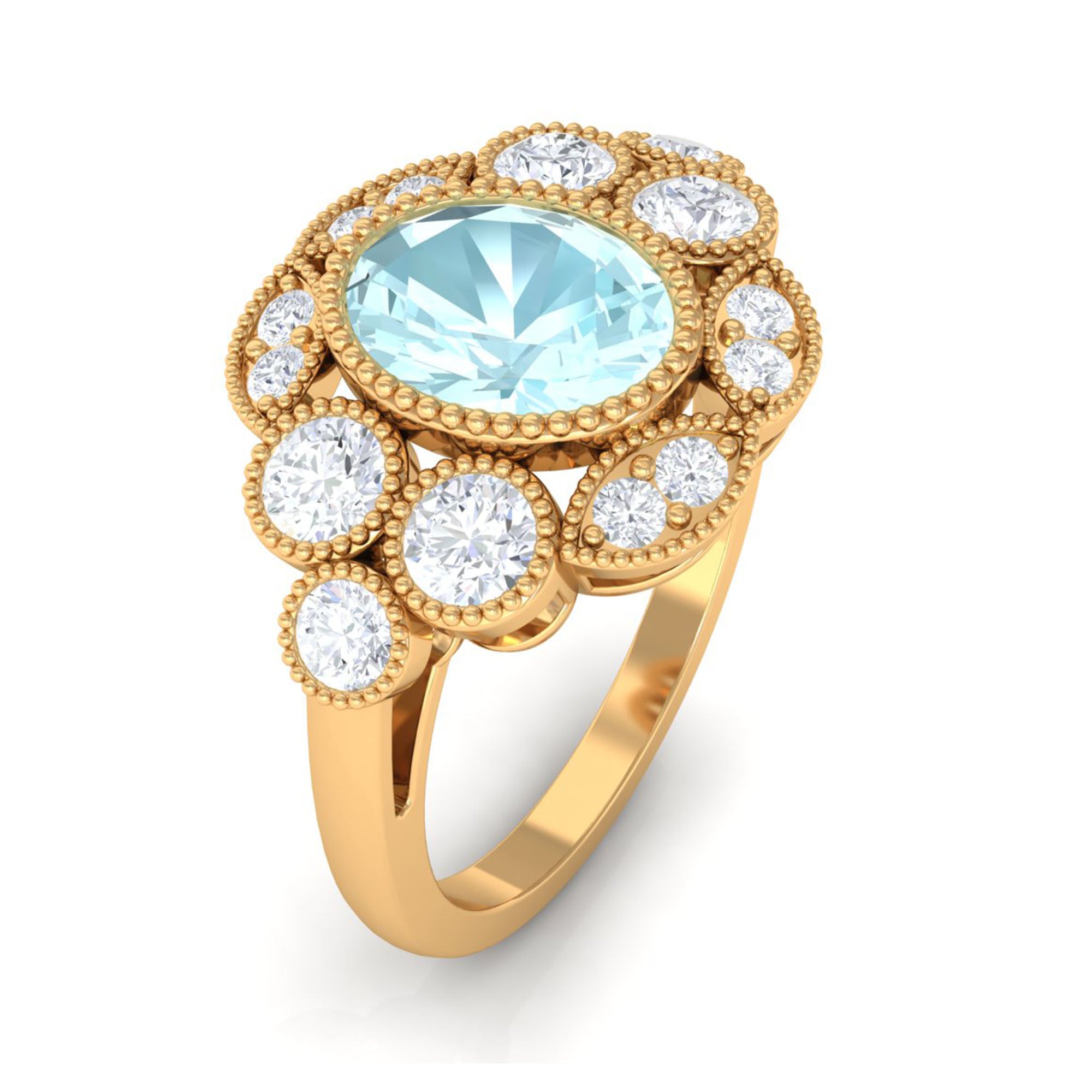 Rosec Jewels-Oval Sky Blue Topaz Statement Engagement Ring with Moissanite Halo