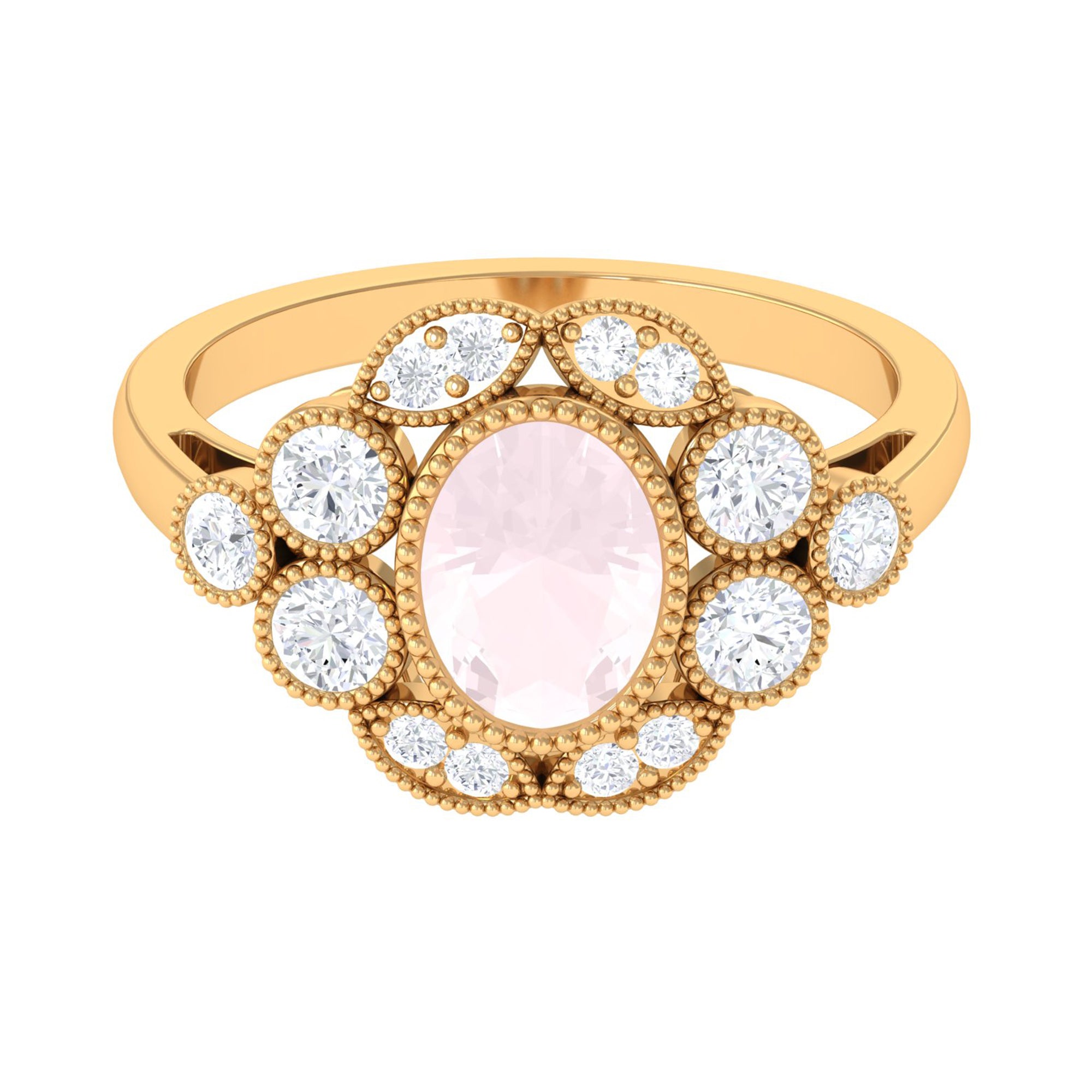 Rosec Jewels-Oval Rose Quartz Statement Engagement Ring with Moissanite Halo