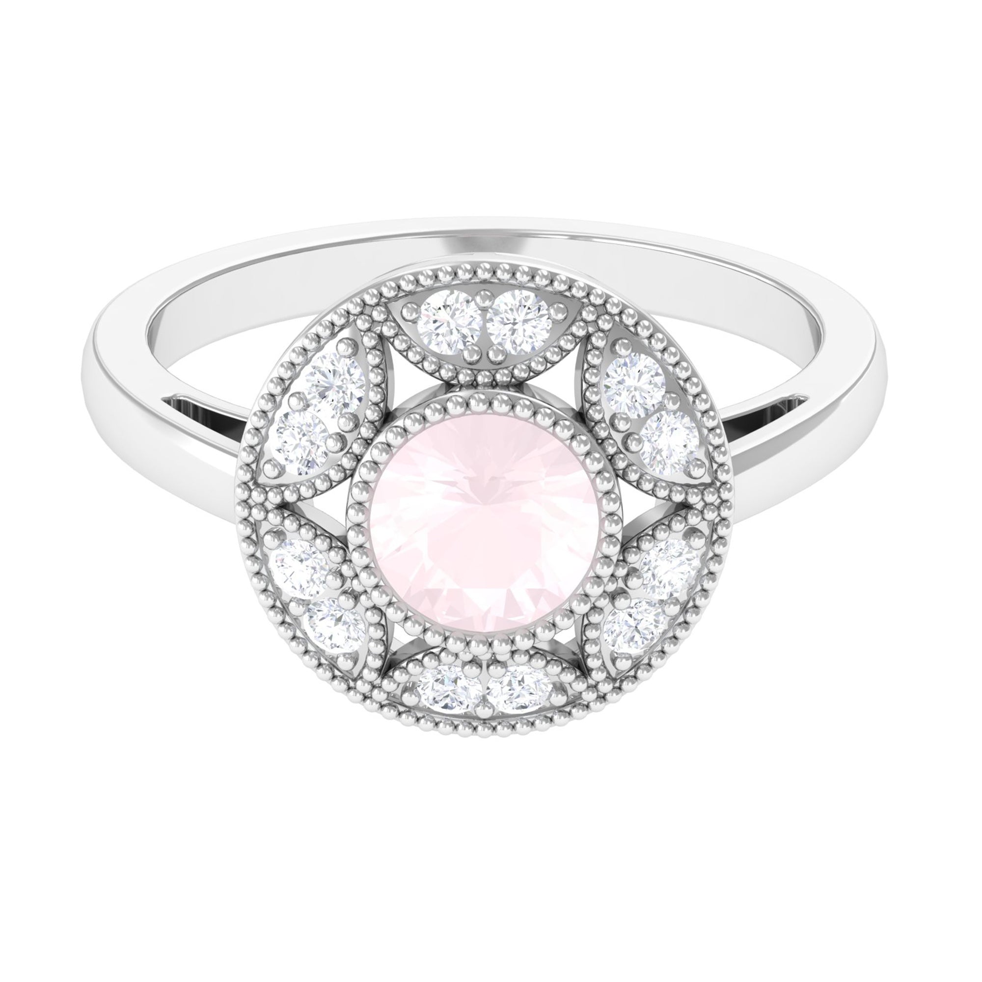 Rosec Jewels-1.25 CT Round Rose Quartz and Diamond Vintage Engagement Ring