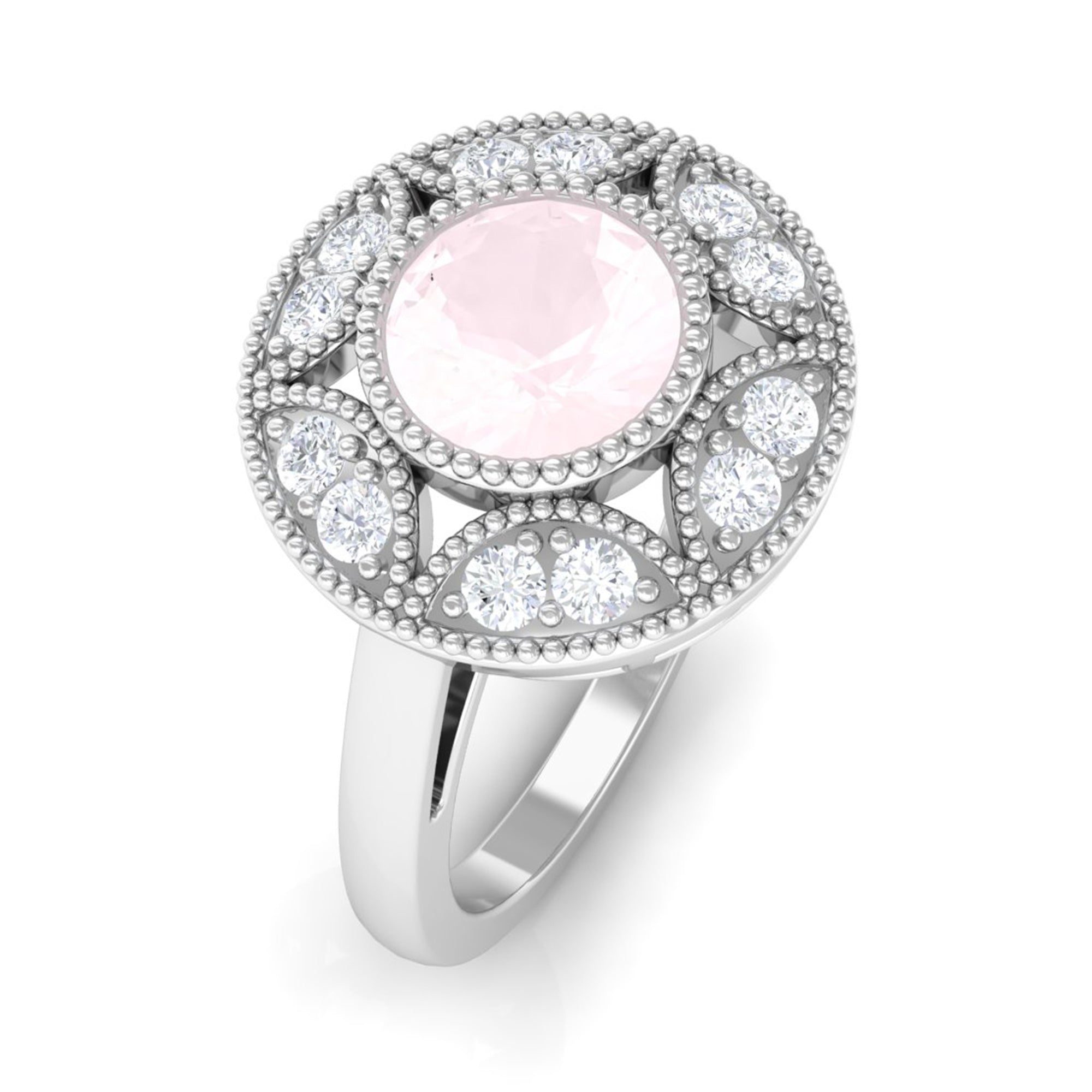 Rosec Jewels-1.25 CT Round Rose Quartz and Diamond Vintage Engagement Ring