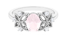 Rosec Jewels-Oval Cut Rose Quartz Beaded Flower Engagement Ring with Diamond