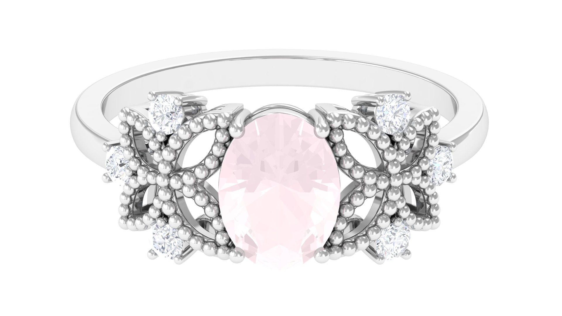 Rosec Jewels-Oval Cut Rose Quartz Beaded Flower Engagement Ring with Diamond