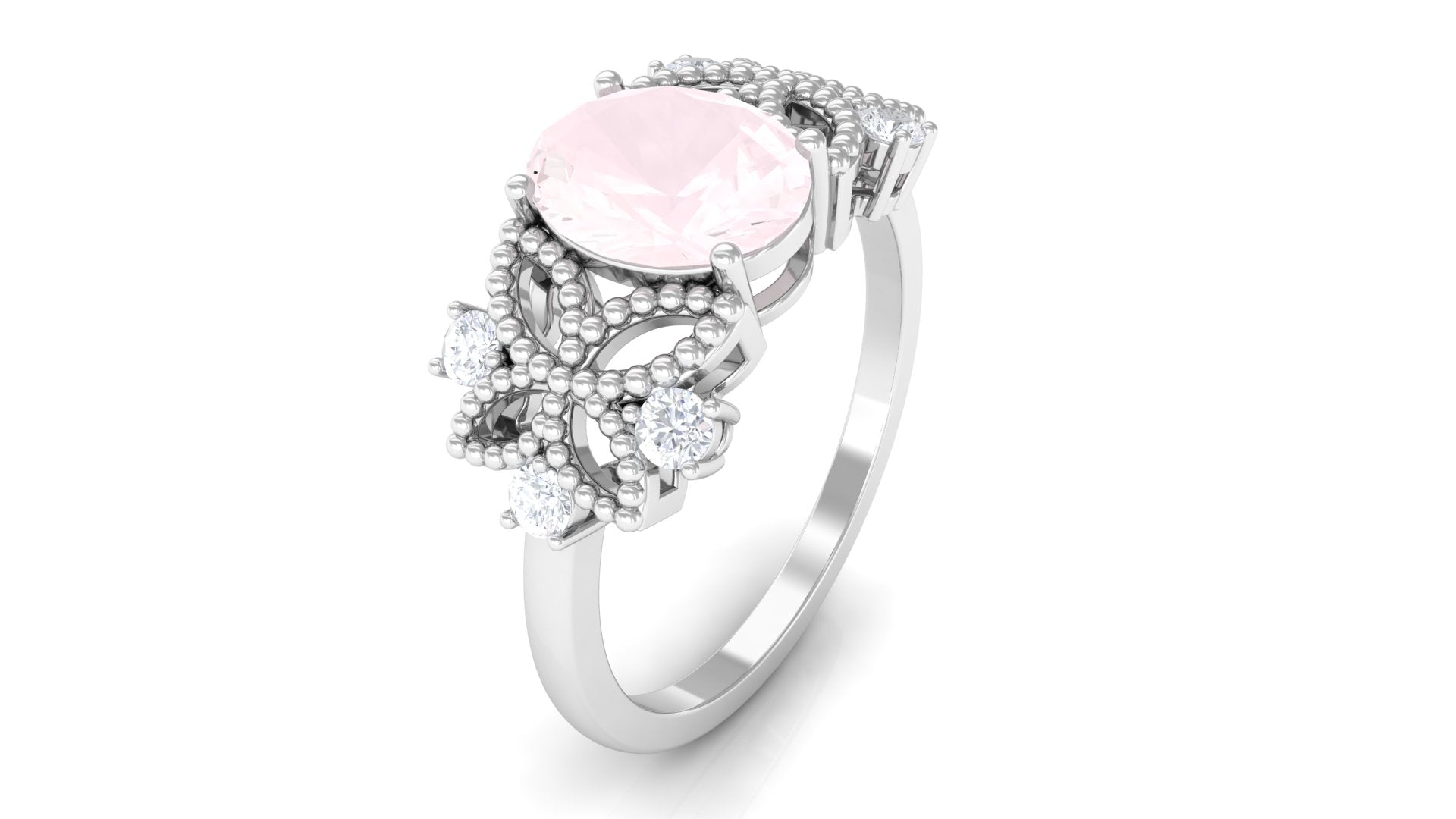 Rosec Jewels-Oval Cut Rose Quartz Beaded Flower Engagement Ring with Diamond