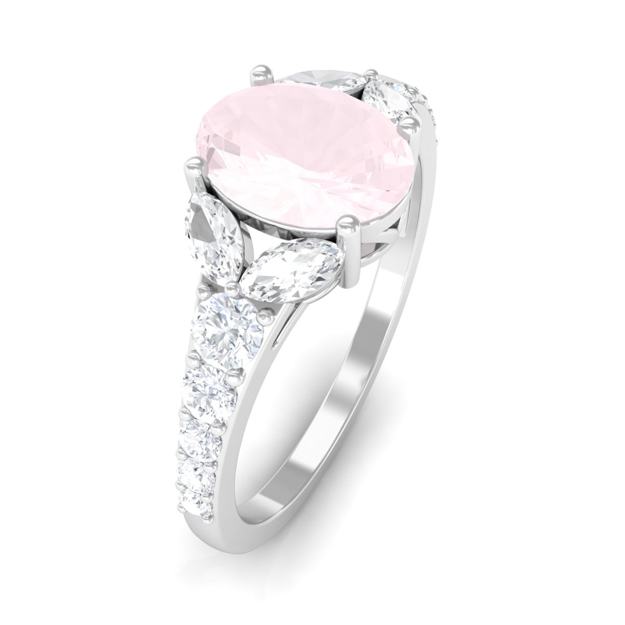 Rosec Jewels-Split Shank Oval Rose Quartz Solitaire Engagement Ring with Moissanite