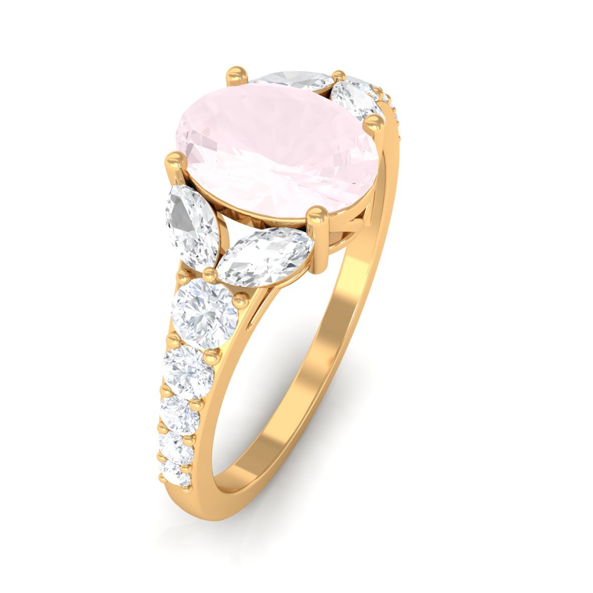 Rosec Jewels-Split Shank Oval Rose Quartz Solitaire Engagement Ring with Moissanite