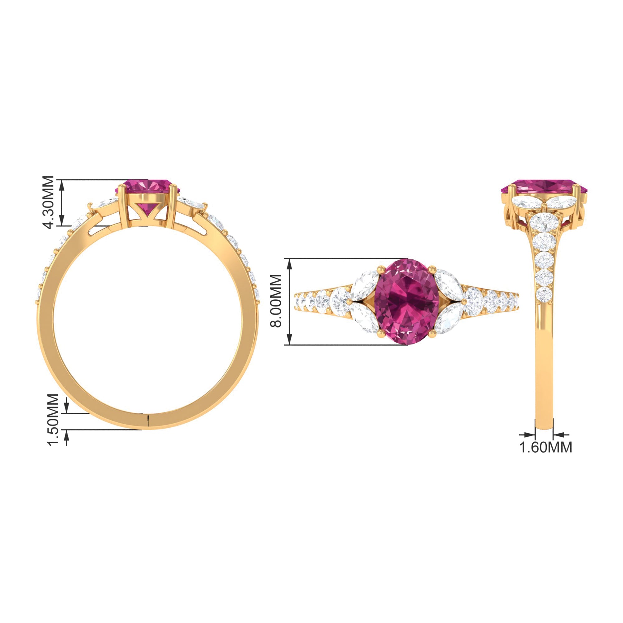 Rosec Jewels-Split Shank Oval Pink Tourmaline Solitaire Engagement Ring with Moissanite