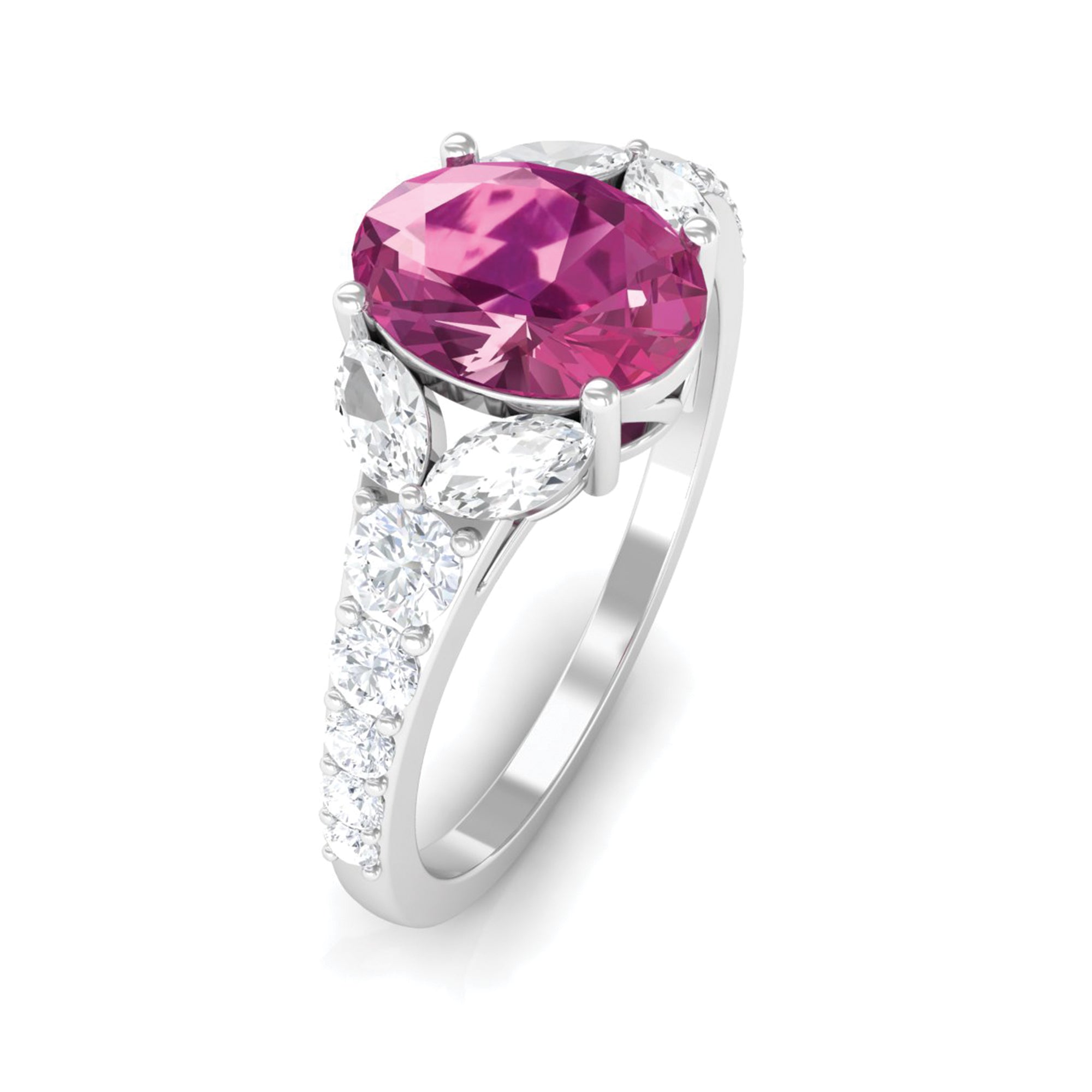 Rosec Jewels-Split Shank Oval Pink Tourmaline Solitaire Engagement Ring with Moissanite