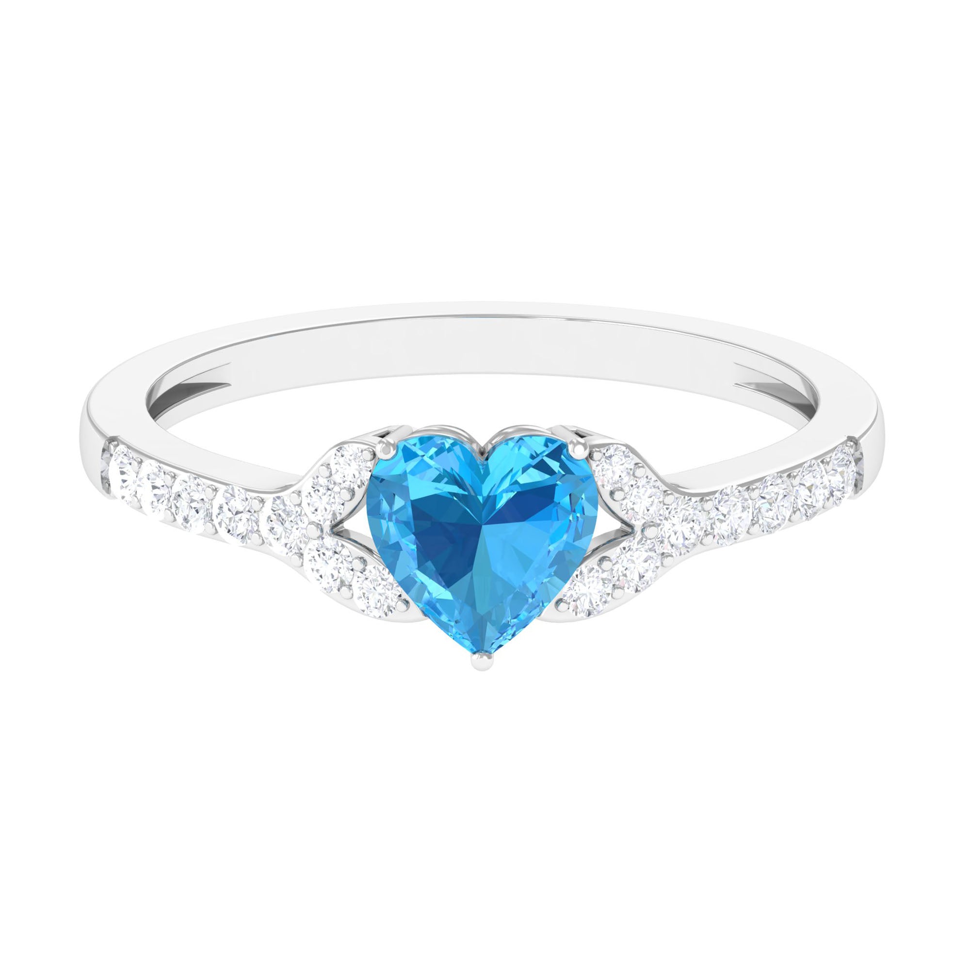 Rosec Jewels-Heart Shape Swiss Blue Topaz Minimal Engagement Ring with Diamond