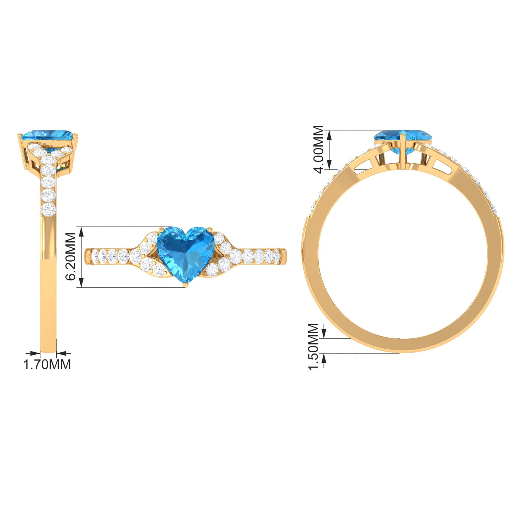 Rosec Jewels-Heart Shape Swiss Blue Topaz Minimal Engagement Ring with Diamond