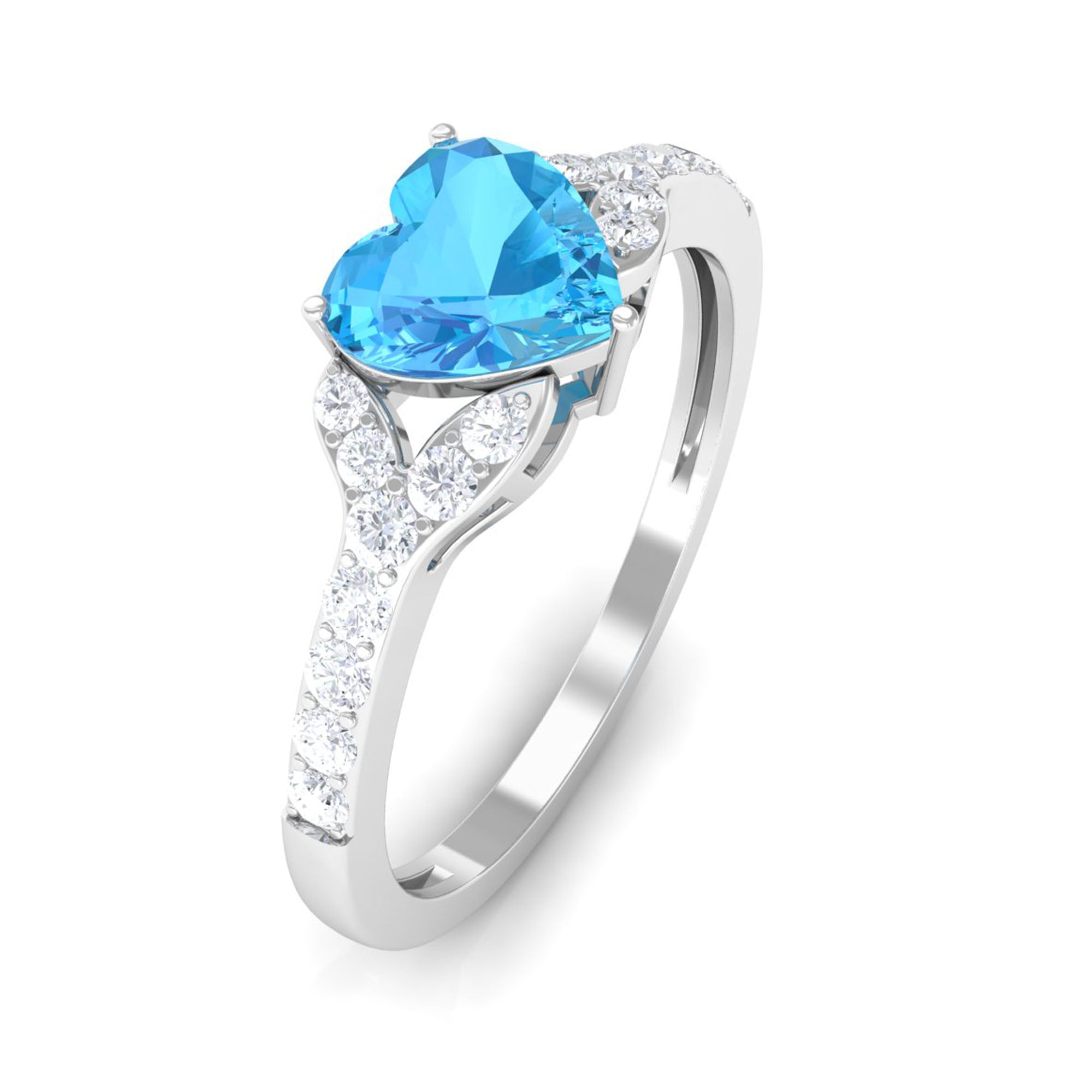 Rosec Jewels-Heart Shape Swiss Blue Topaz Minimal Engagement Ring with Diamond