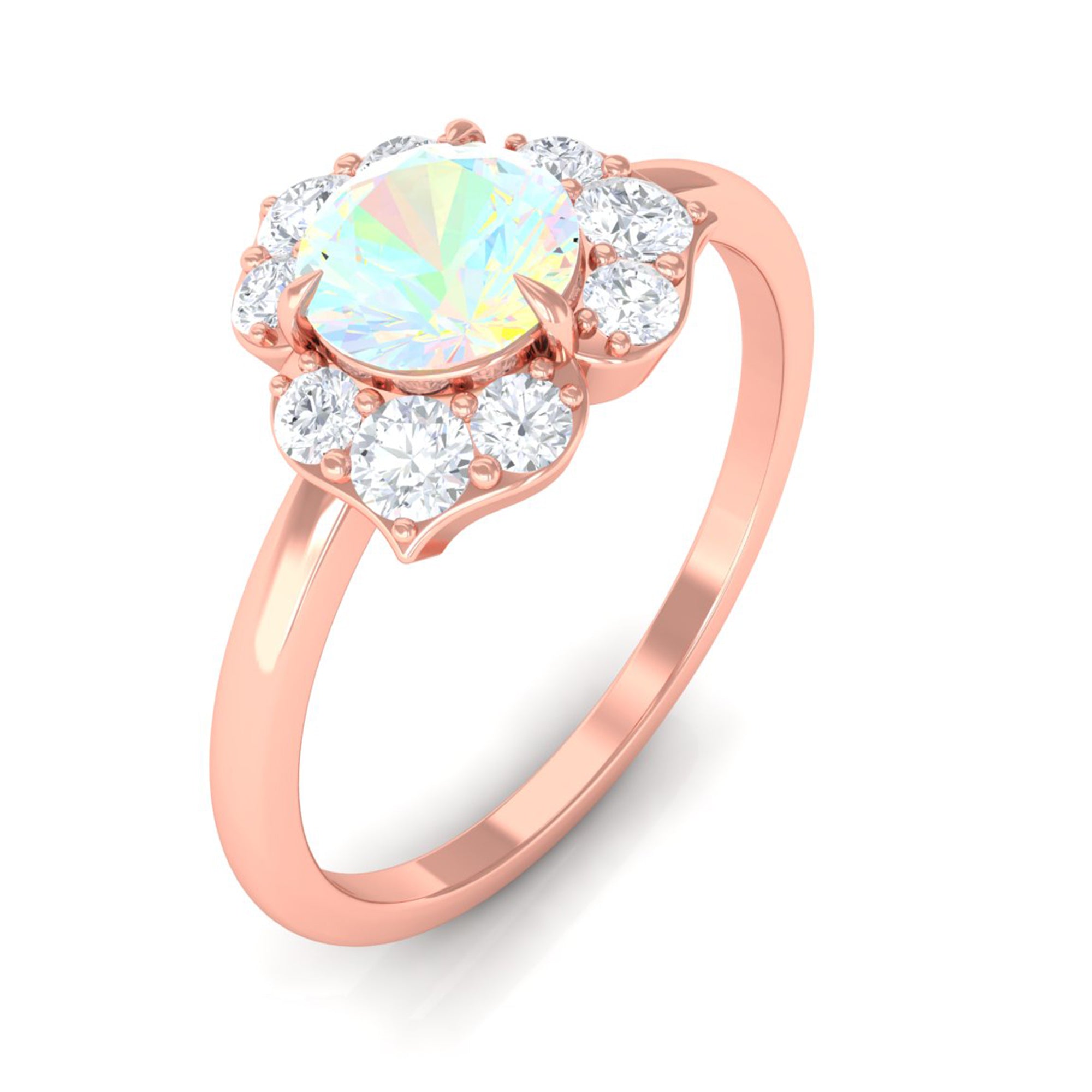 Rosec Jewels-Round Ethiopian Opal Flower Engagement Ring with Diamond