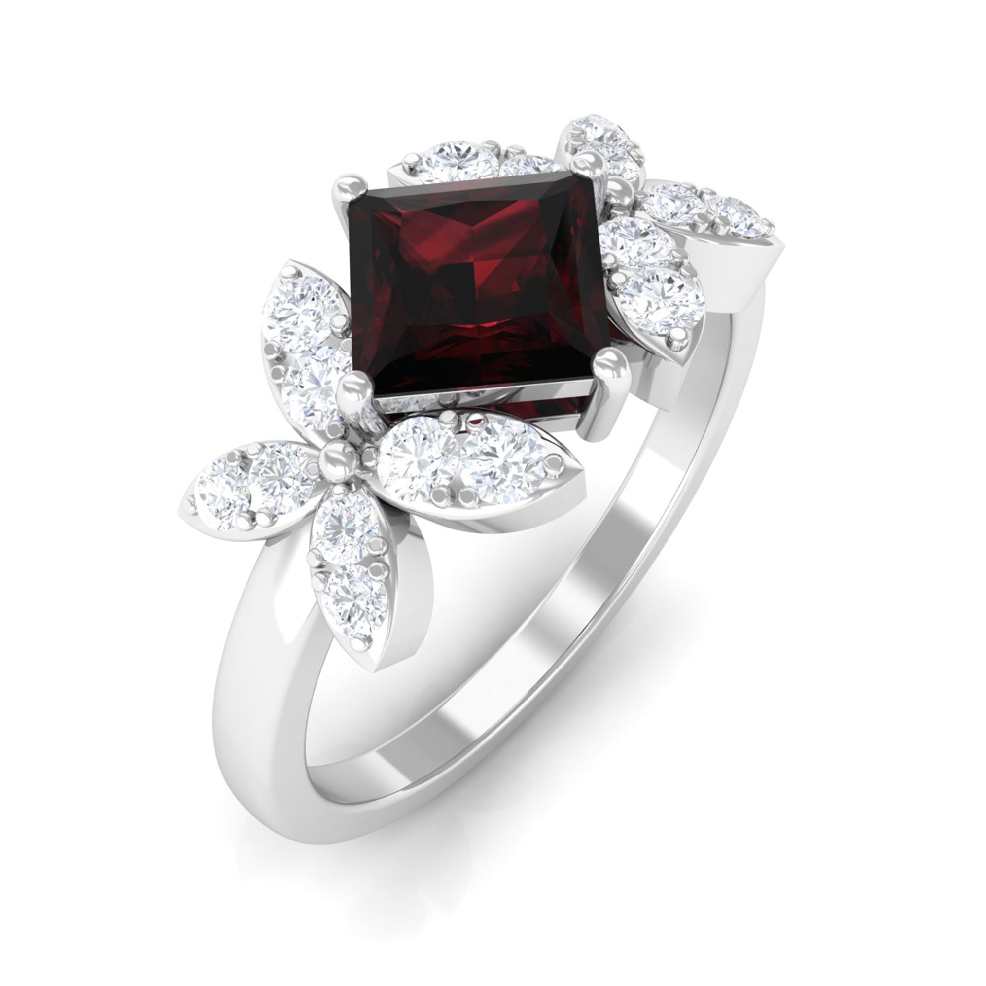 Rosec Jewels-2 CT Princess Cut Garnet Flower Engagement Ring with Diamond