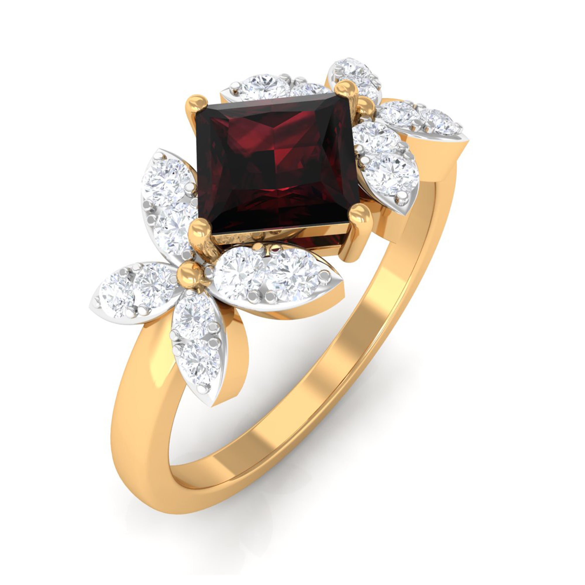 Rosec Jewels-2 CT Princess Cut Garnet Flower Engagement Ring with Diamond